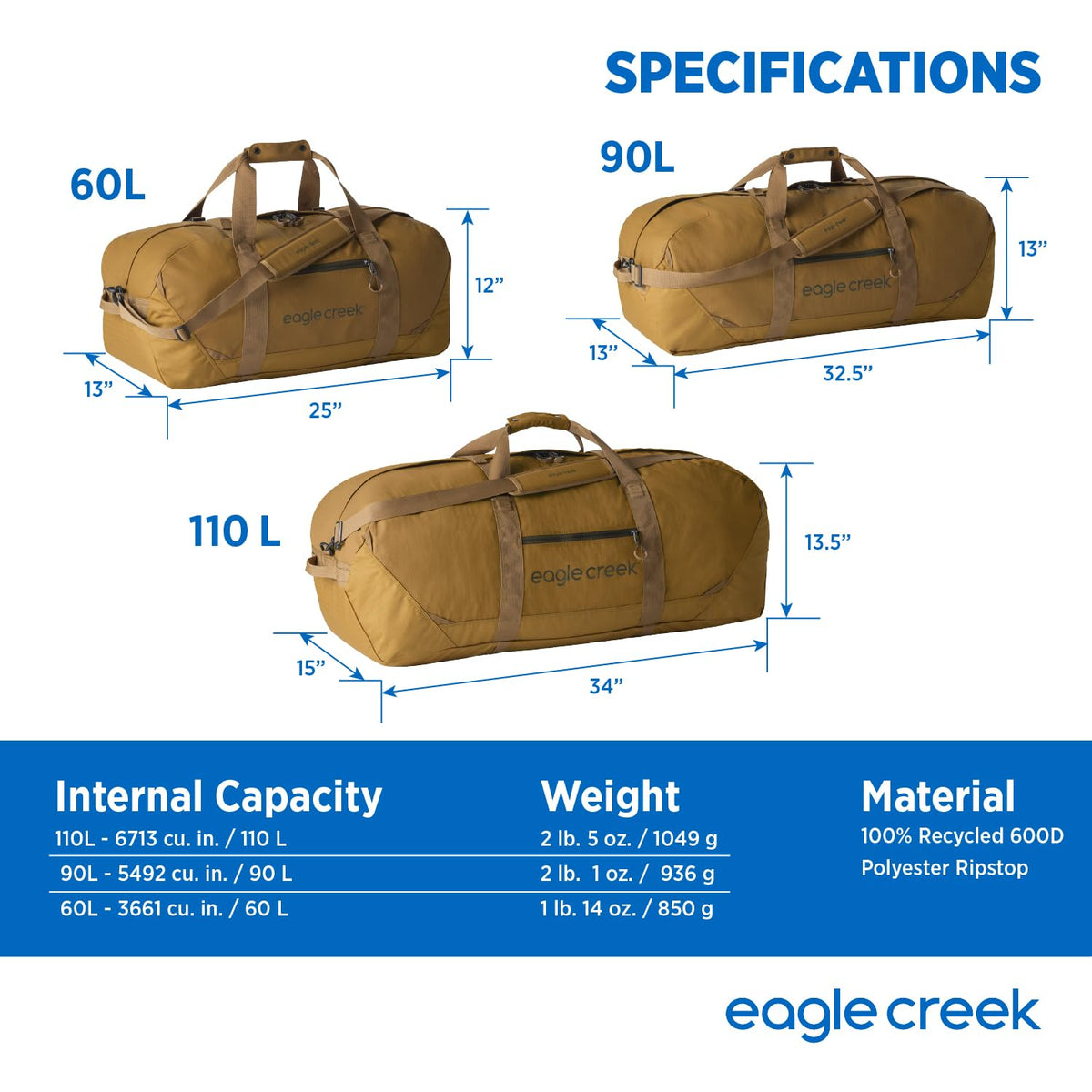 Eagle Creek No Matter What Duffel Bag - Eco Friendly Duffel for Sustainable Travel - Adjustable Shoulder Strap - Multiple Carry Options - Easy to Store - Safari Brown - 90L