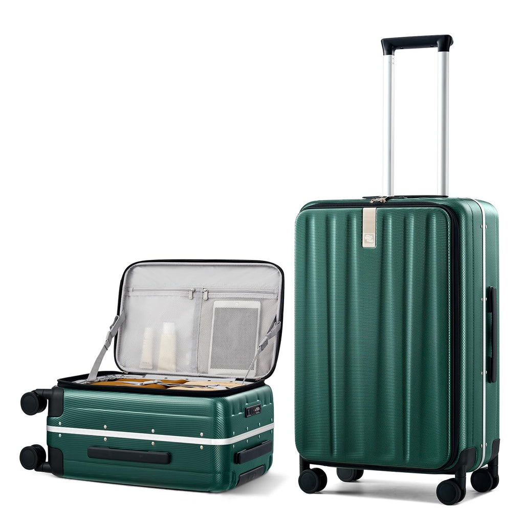 Hanke 24 Inch Checked Luggage Front Opening Rolling Suitcase Hard Sided Luggage with Spinner Wheels Travel Luggagefor Woman Men.(Dark Green)