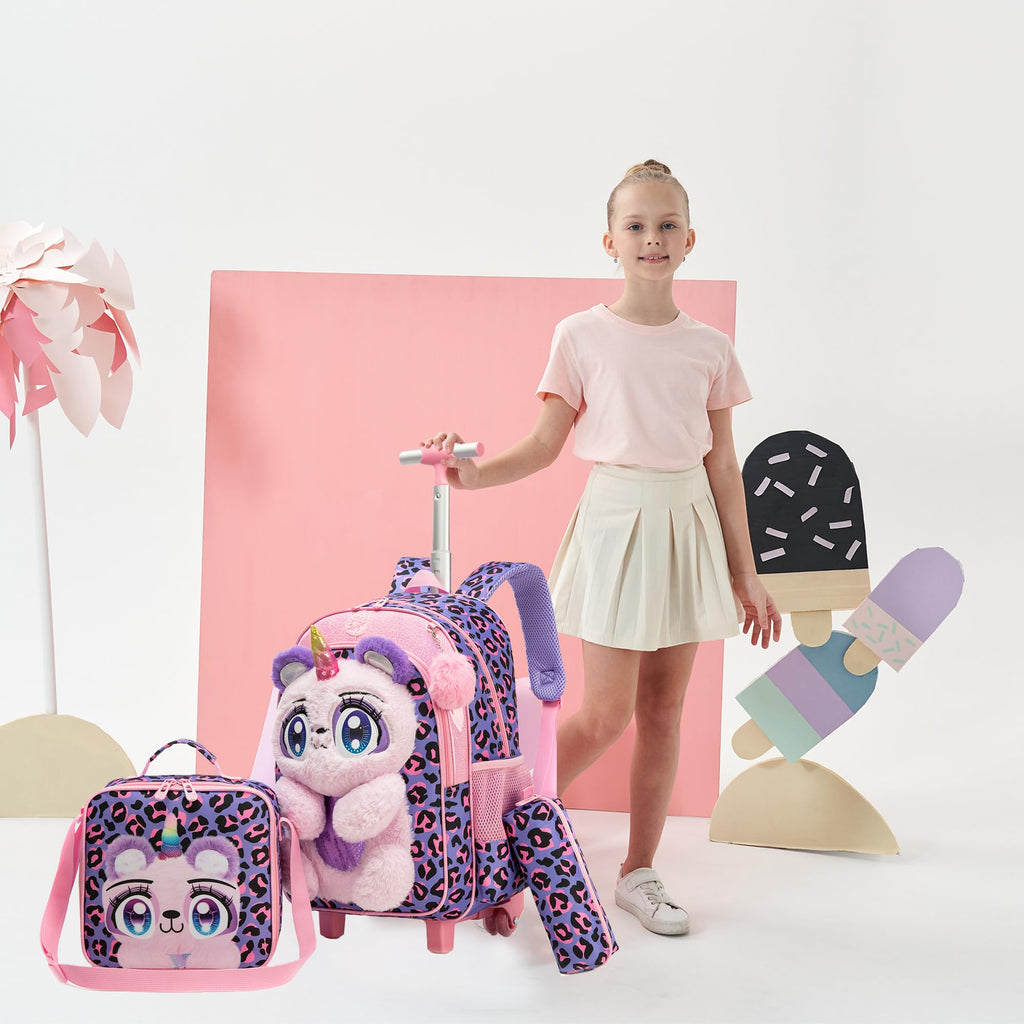 Meetbelify Rolling Backpack for Girls Backpack with Wheels for Elementary Student Kids School Bag with Lunch Box Pencil Case for Girls Ages 6-8 Years Old