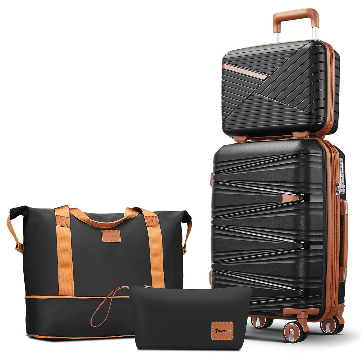 TRAVELEO 4 Piece Carry On Luggage Set 20 Inch, Expandable PP Hardshell Suitcase with Detachable Spinner Wheels & TSA Lock, Includes Cosmetic Case, Travel Tote & Toiletry Bag, Lightweight (Black)