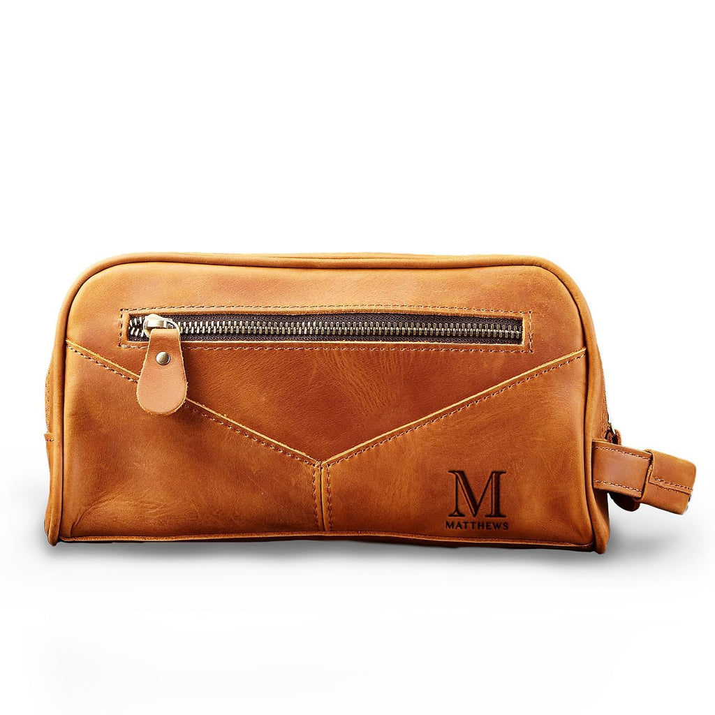 HomeWetBar Beckham Toiletry Bag for Men - Monogrammed Multi-Pocket Saddle Bag, Brown Hanging Dopp Kit