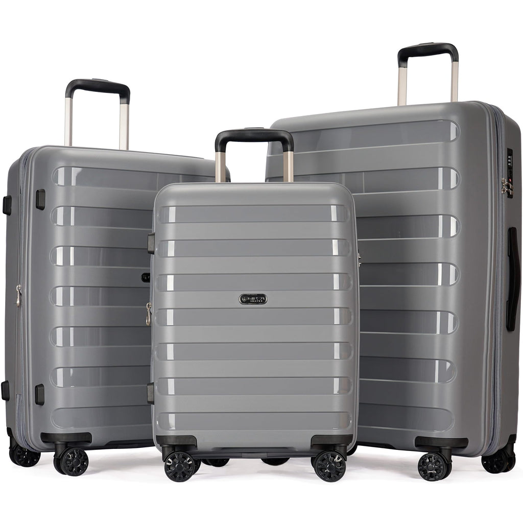 GinzaTravel PP material 3-piece expandable luggage sets with Spinner Wheels， Suitcase with TSA Lock，Large Luggage for Family Travel carry on 20/24/28，Grey color