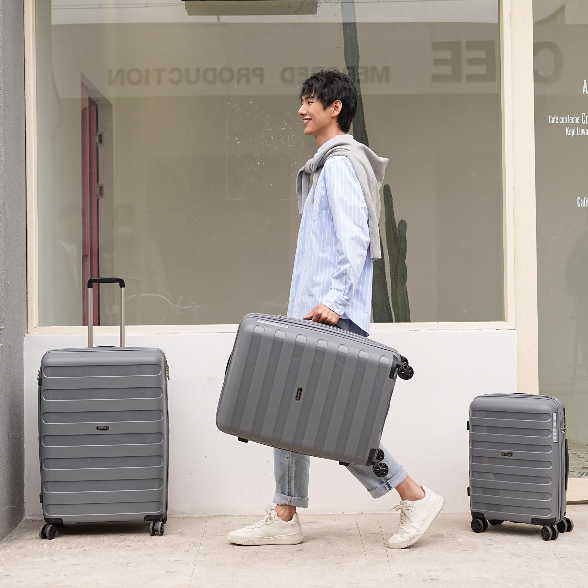 GinzaTravel PP material 3-piece expandable luggage sets with Spinner Wheels， Suitcase with TSA Lock，Large Luggage for Family Travel carry on 20/24/28，Grey color