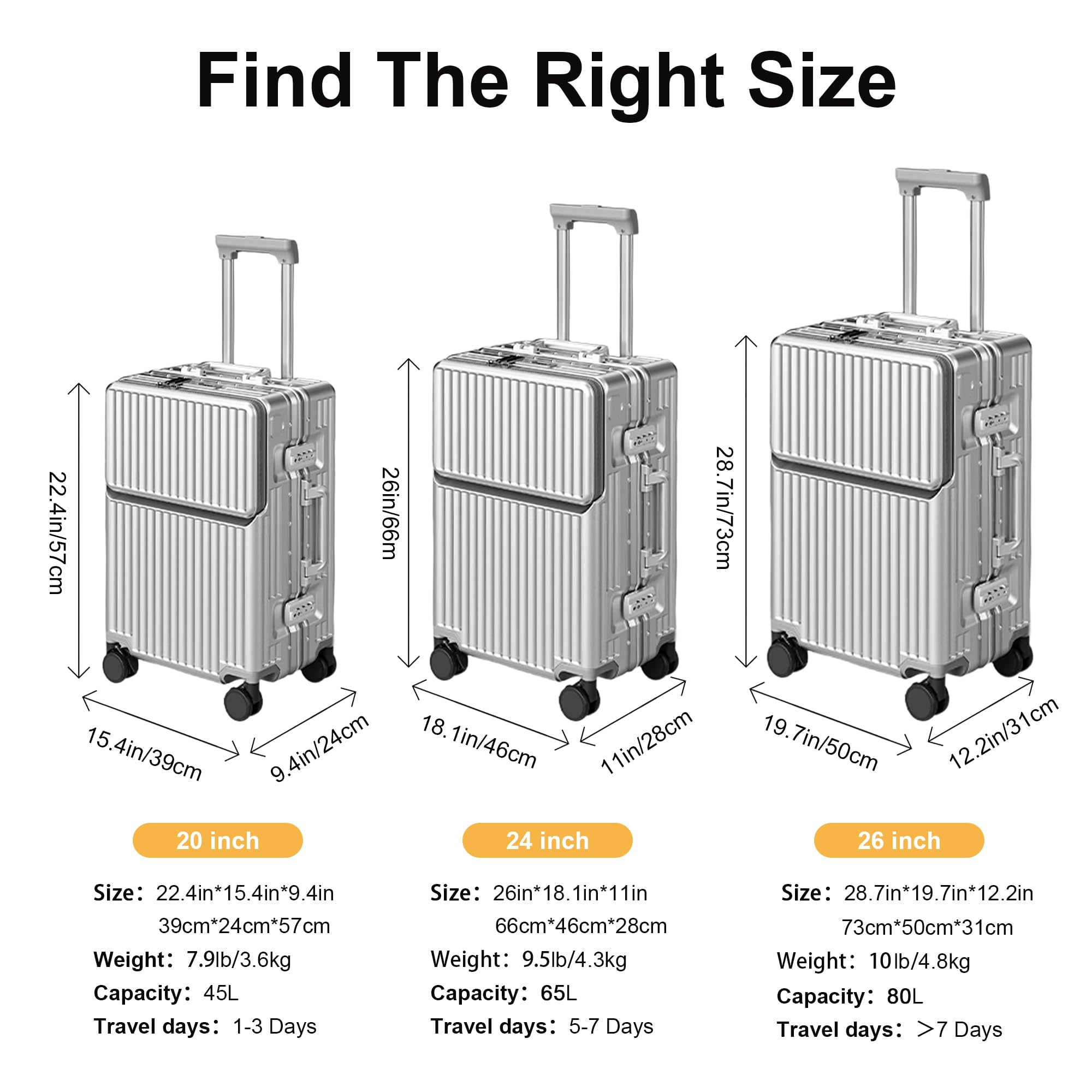 2-Piece Hardshell Zipperless Luggage Set, 20/26" Aluminum Frame Hardshell Spinner Luggage, Airline Approved Carry-On Luggage, TSA Lock, 360° Quiet Wheels With Cup Holder (silver)