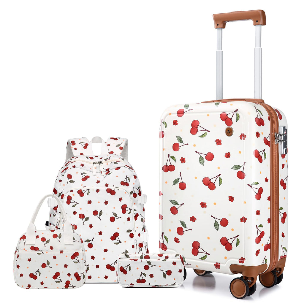 Somago 4 Piece Kid's Luggage with Backpack Set for Boys Girls Spinner 18" Hardside PC Rolling Carry on Suitcase with TSA Lock (Cherry White)
