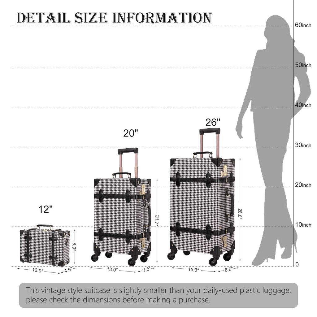 UNIWALKER Vintage Luggage Set of 3, Retro Spinner Trunk with Combo Lock for Women, Cute Designer Travel Suitcase Set with Train Case (26"+20"+12", grid)