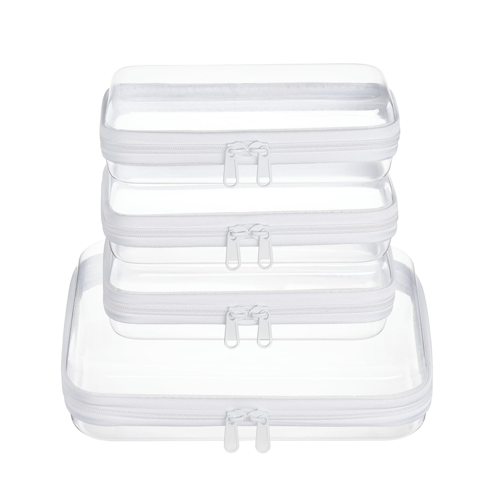 WELPIRT 4 pcs Clear Zipper Pouches,Hard Shell Zipper Case, Toiletry Bag for Travel, CLear Diaper Bag, Toiletry Pouch, Travel Organizer, Cosmetic Bag,Toy Storage Bins (M+3S)