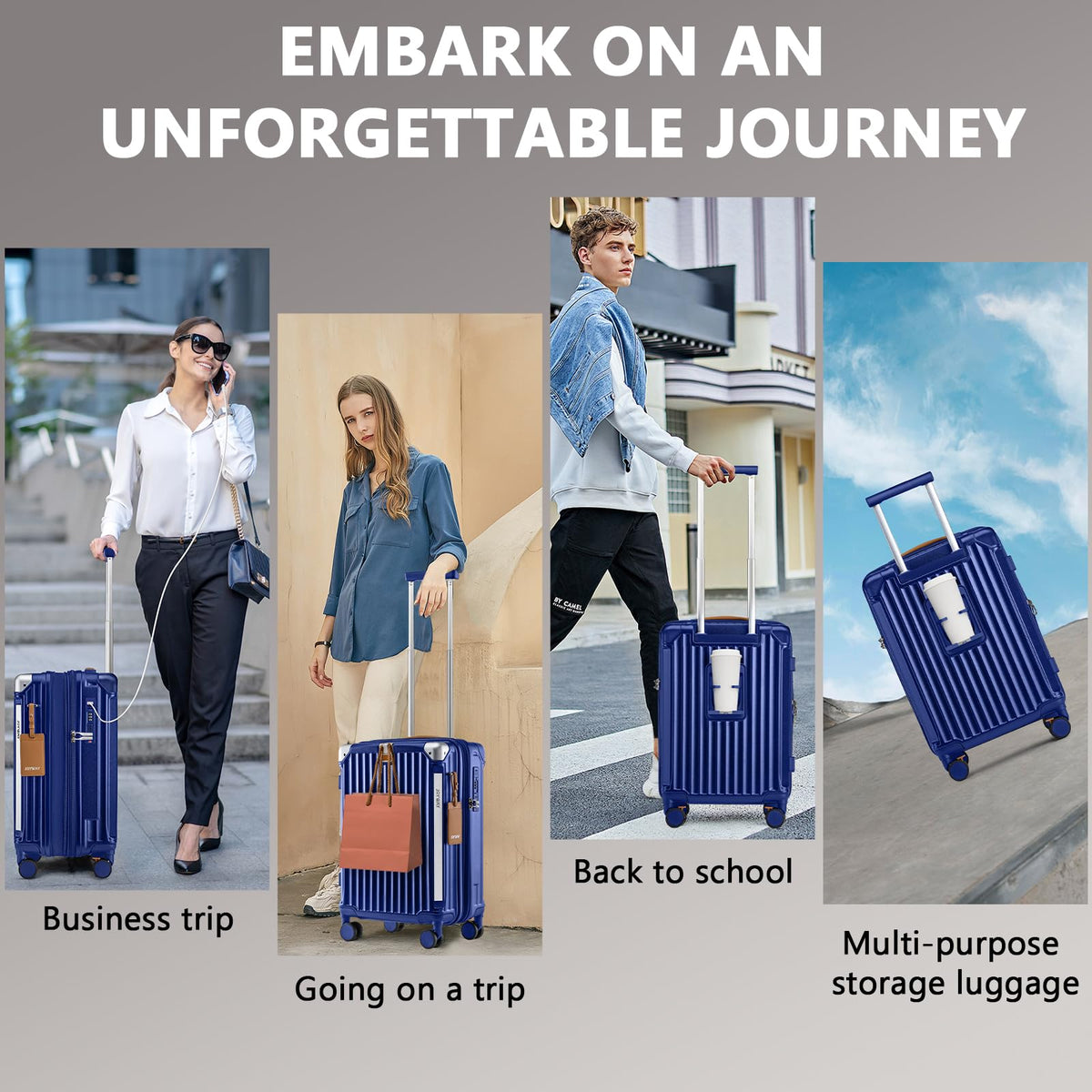 Joyway 20in Carry On Luggage with Cup Holder and USB Port, 25% Expandable Capacity, Smart Suitcase with Anti Slip Wheels and Handbag, Perfect for Men and Women 3 Piece Set Blue