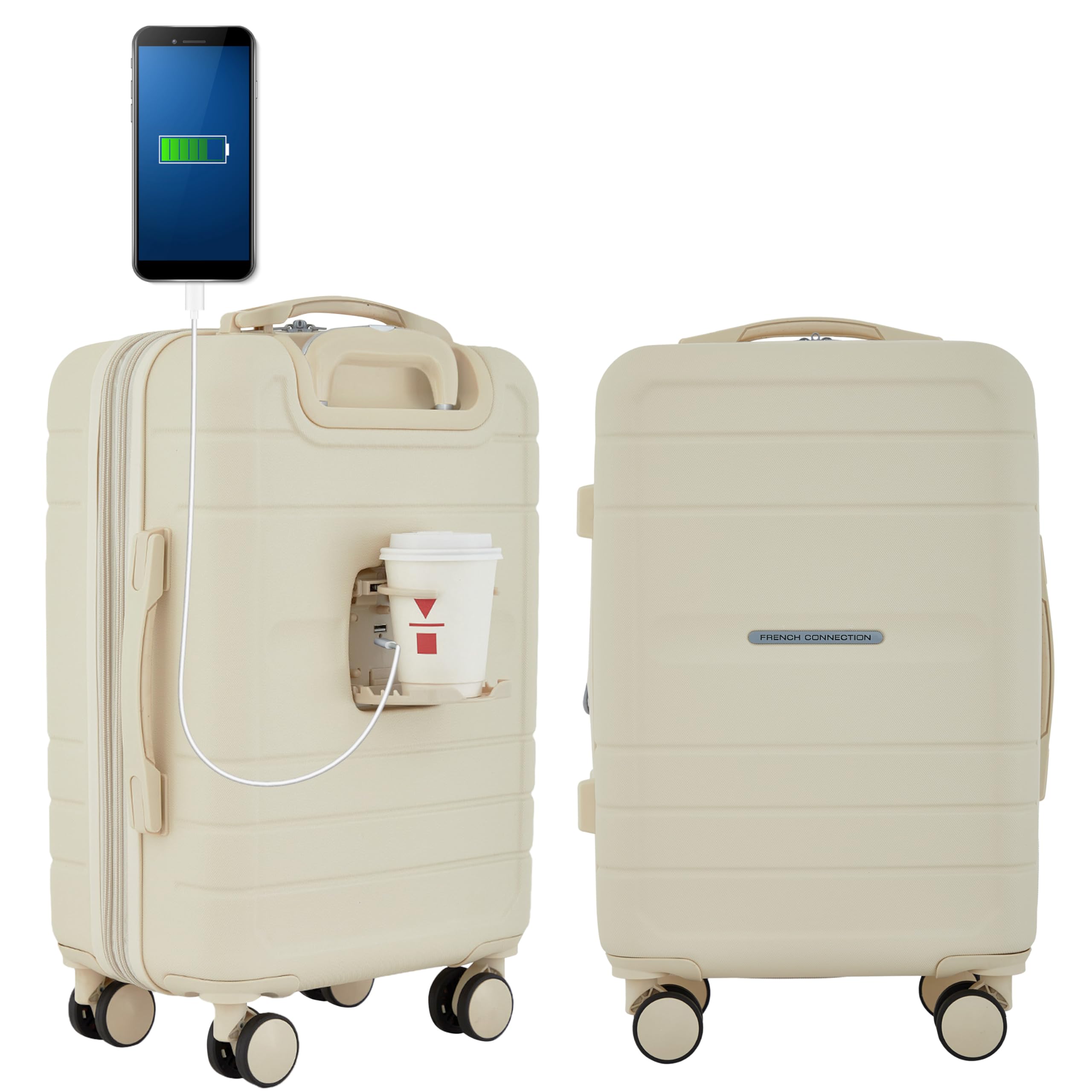 French Connection St. Martin Carry-On Luggage with Cup Holder/USB Ports, Whitecap Gray