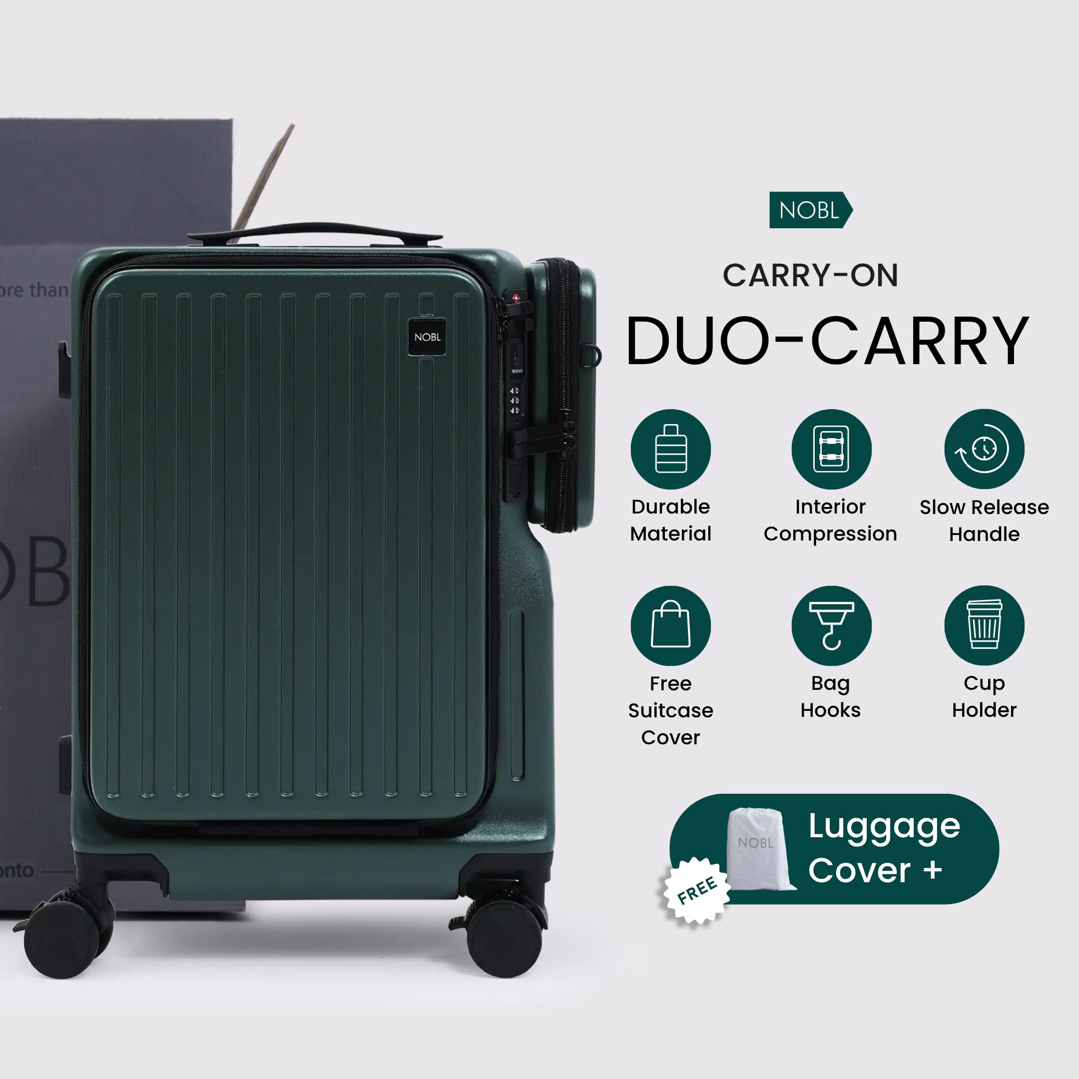 NOBL Duo Carry Carry-On Luggage with Detachable Side Bag, 22.1x14.6x10.5 Airline Approved, Noble Zipperless PC Hard Shell Suitcase & Crossbody, 360° Spinner Wheels, TSA Locks, USB Port - Forest Green