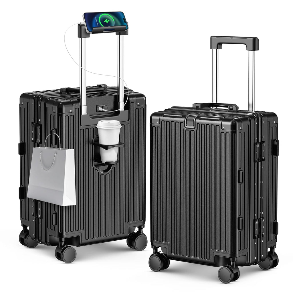 TIYFIY 20 Inch Carry On Luggage with Cup Holder & USB Port, Airline Approved PC Hardshell Suitcase for Business & Weekend Travel, Zipperless Aluminum Frame, TSA Lock & 360° Wheels