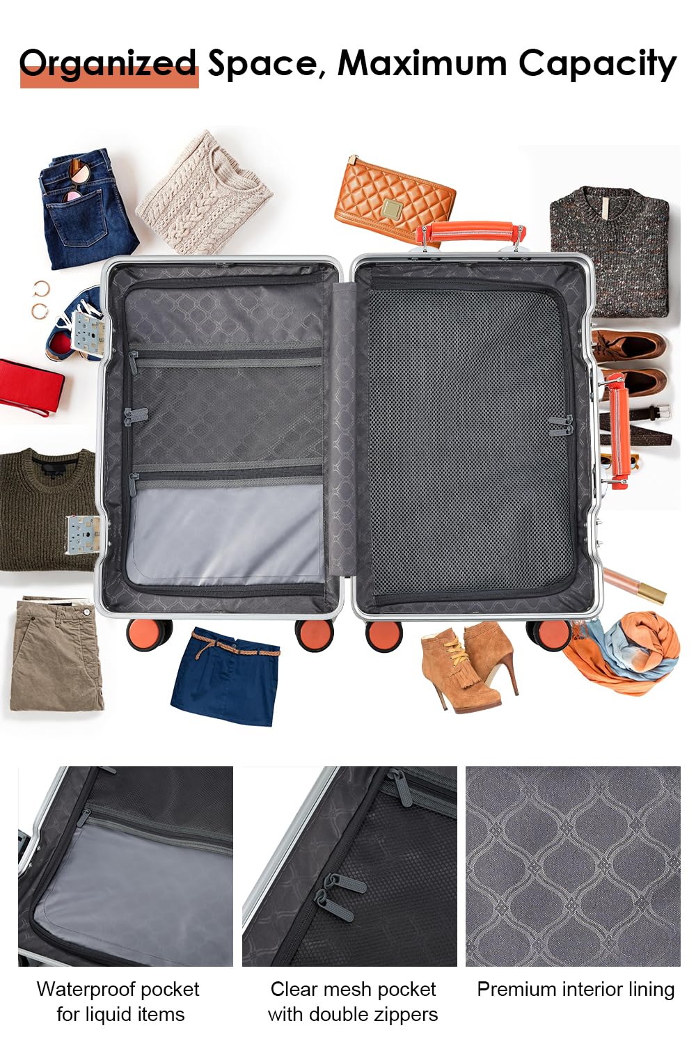 20 Inch Carry On Luggage with Leather Handle, PC Zipperless Suitcase with Spinner Wheels and TSA Locks, 22x14x9 Airline Approved Luggage for Travel, Silver