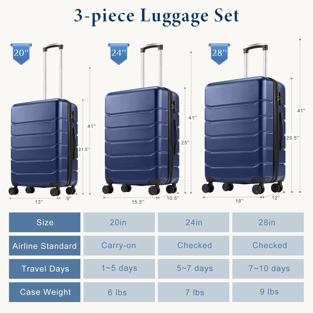 NEWBULIG 24 Inch Carry on Luggage, Lightweight Expandable Rolling Suit Case with TSA Lock, Hard Shell ABS Suitcase with Double Spinner Wheels, Blue