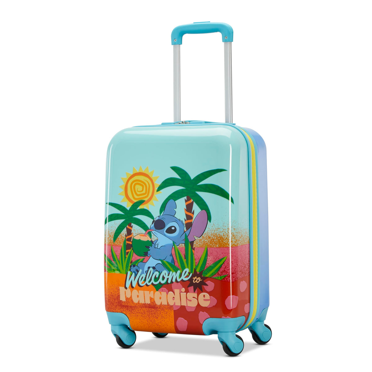 American Tourister Disney Stitch Carry-On Luggage - Airline Approved, Durable Hardshell - Roll Confidentially with Spinner Wheels & Colorful Adjustable Handle