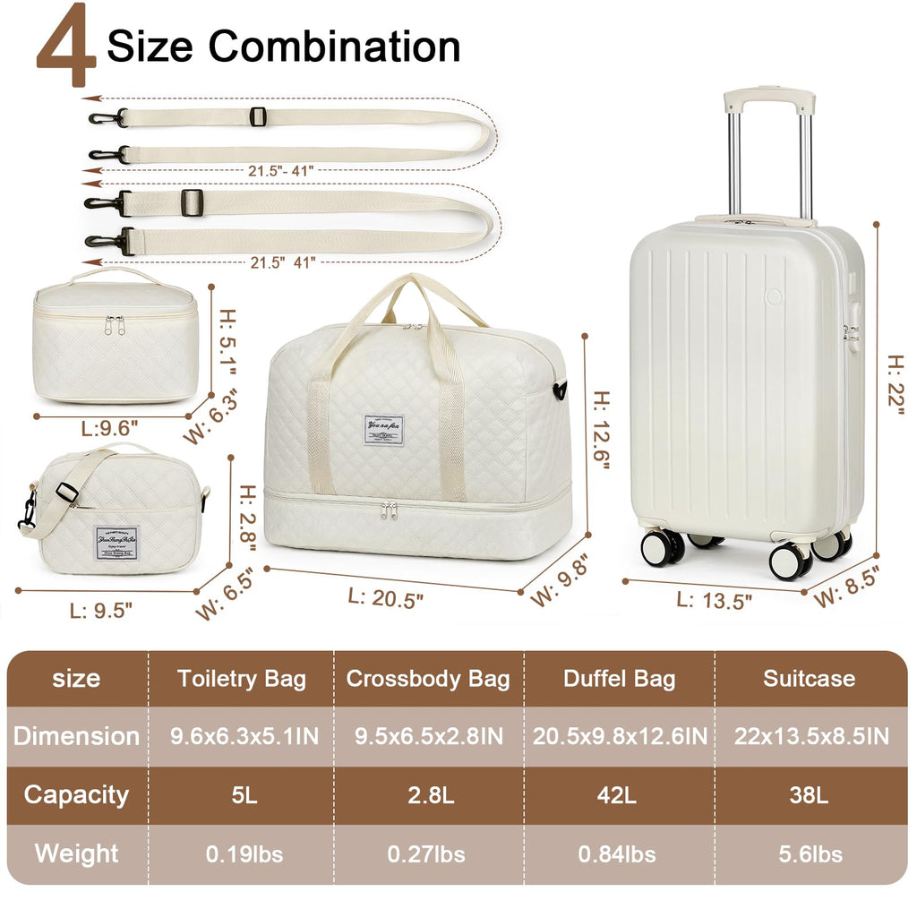 Yorige Luggage Sets for Women Men 4 Piece - Carry on Hardside Suitcase 20inch with USB Port, 360° Spinner Wheels, Duffel Bag, Cup Holder, Lightweight Luggage Set for Travel Vacation