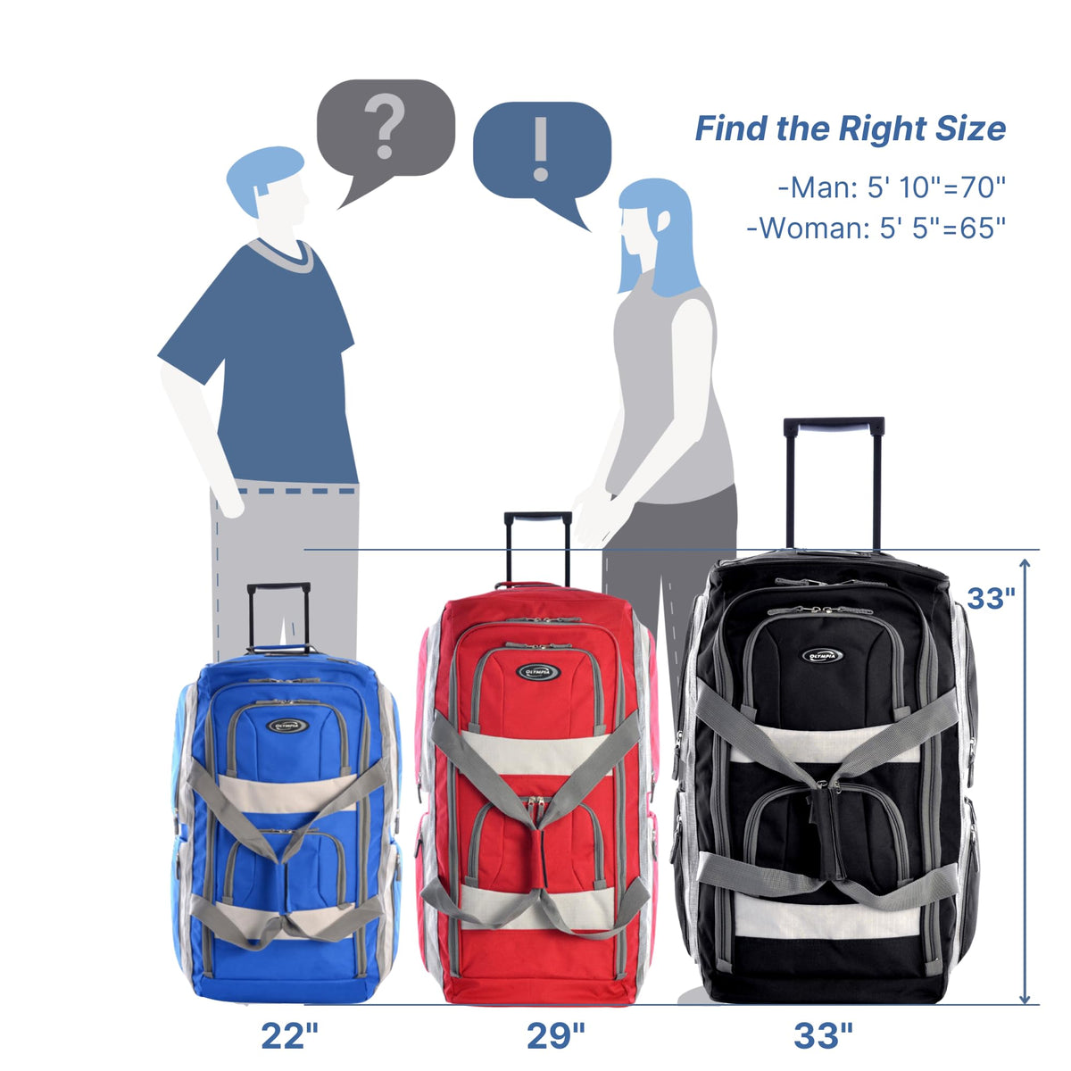 Olympia U.S.A. 33 inch Jumbo Size 8 Pockets Wheeled Rolling Duffel Bag Water Resistant Luggage Lightweight Travel Suitcase with Retractable Handle