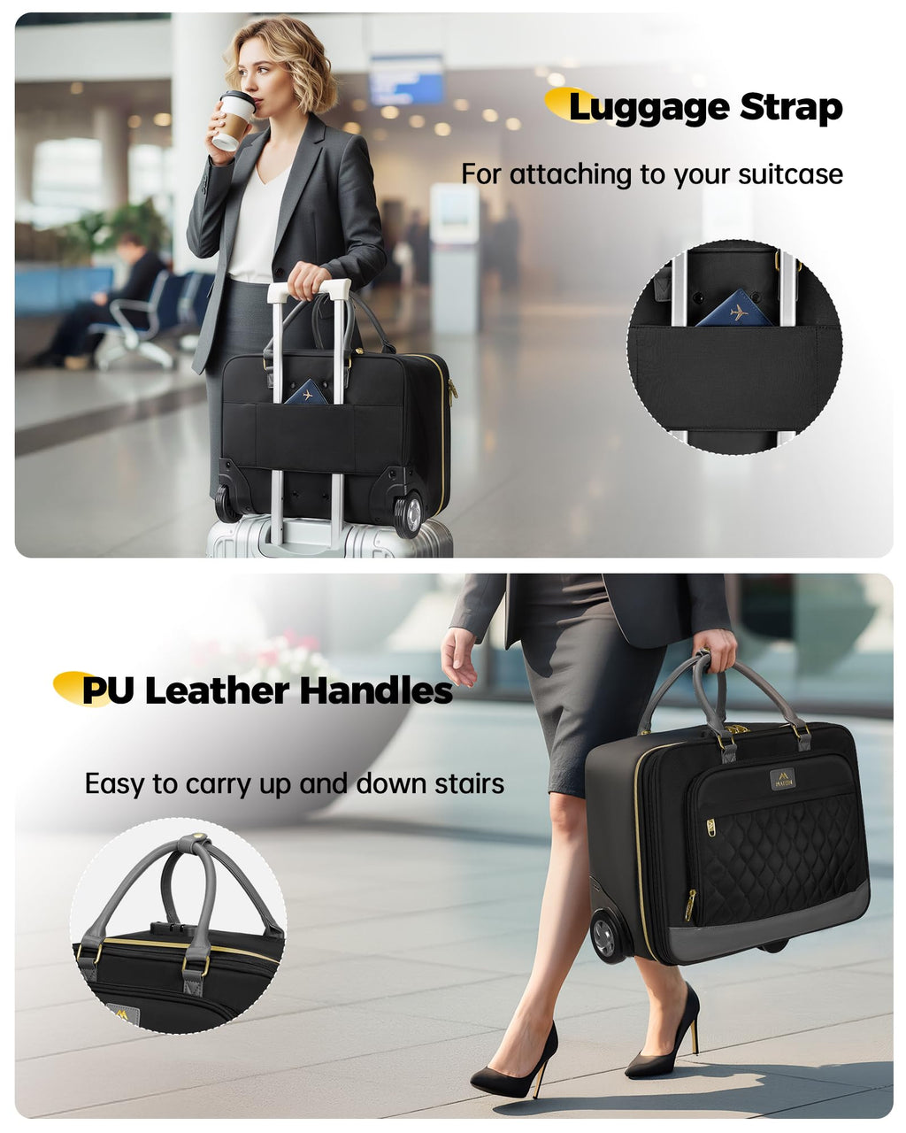 MATEIN Personal Item Rolling Briefcase with Large Wheels, Airline Approved Rolling Laptop Bag Women Men Roller Computer Bag 17.3 Inch, 18x14x8 Anti Theft Underseat Carry On Luggage for Travel Work