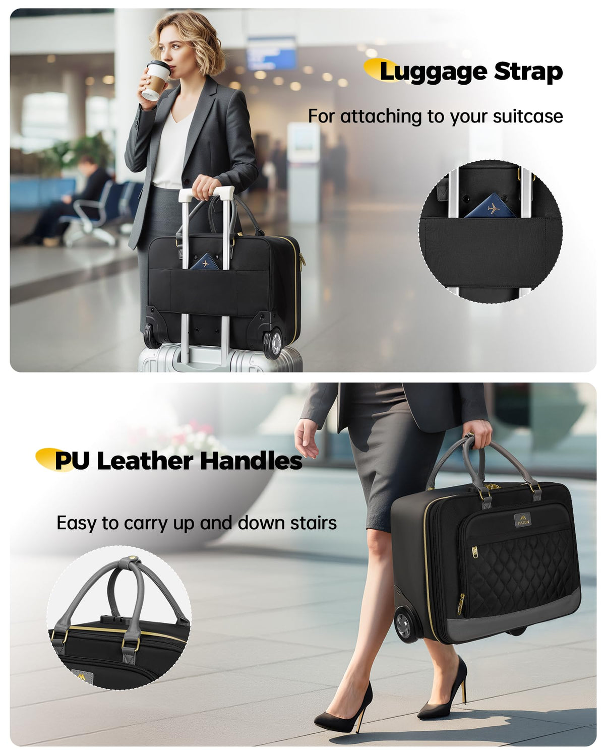 MATEIN Personal Item Rolling Briefcase with Large Wheels, Airline Approved Rolling Laptop Bag Women Men Roller Computer Bag 17.3 Inch, 18x14x8 Anti Theft Underseat Carry On Luggage for Travel Work