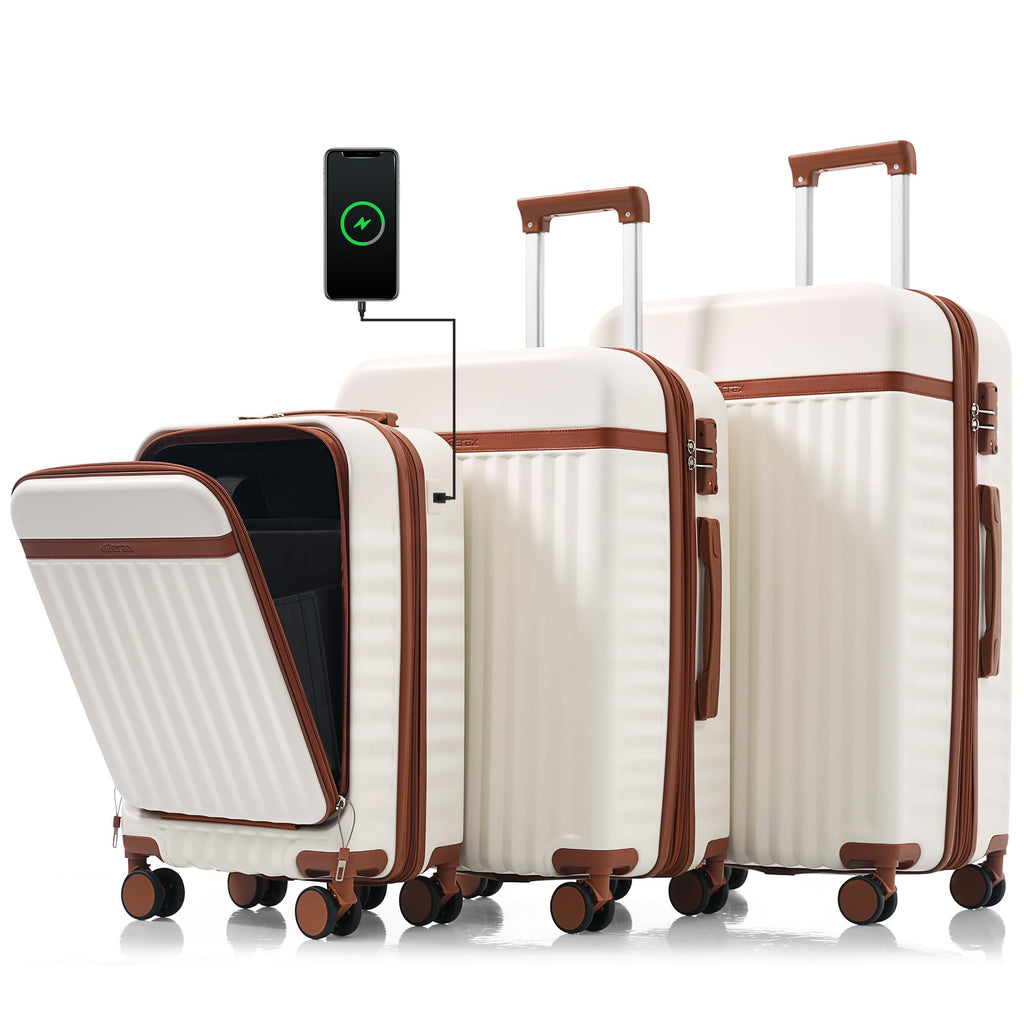 Hardshell Luggage, Lightweight Suitcase with Spinner Wheels, WHITE BROWN+USB