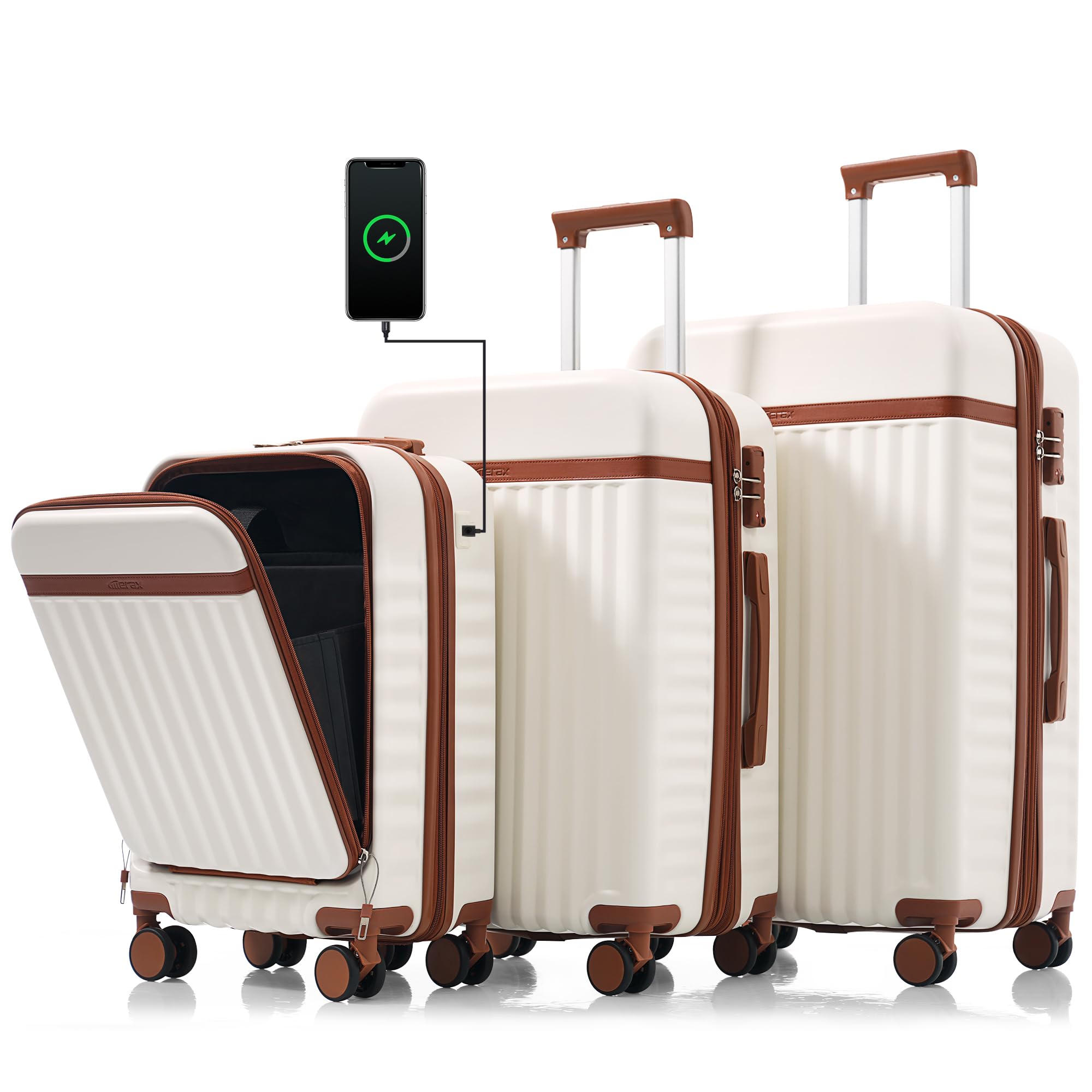 Hardshell Luggage, Lightweight Suitcase with Spinner Wheels, WHITE BROWN+USB