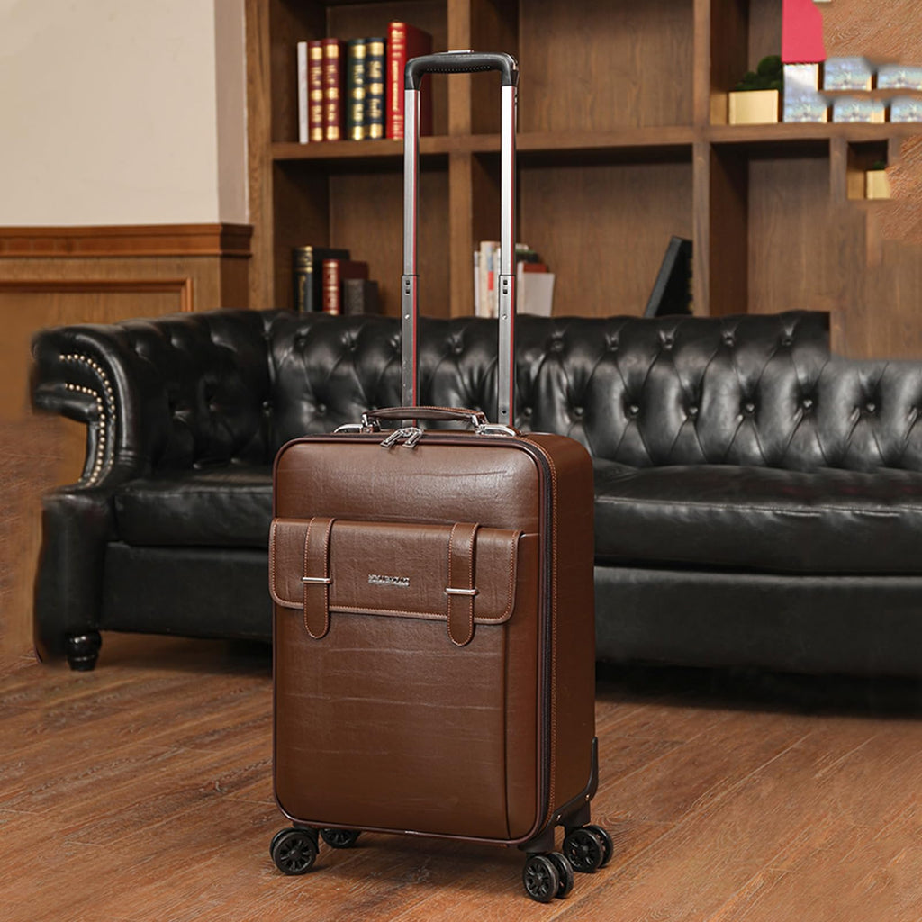 feilario Business Spinner Wheels Luggage PVC Leather Waterproof Carry-On Suitcase Aluminum Alloy Handle Soft Shell Luggage with TSA Lock (Brown, 20in)