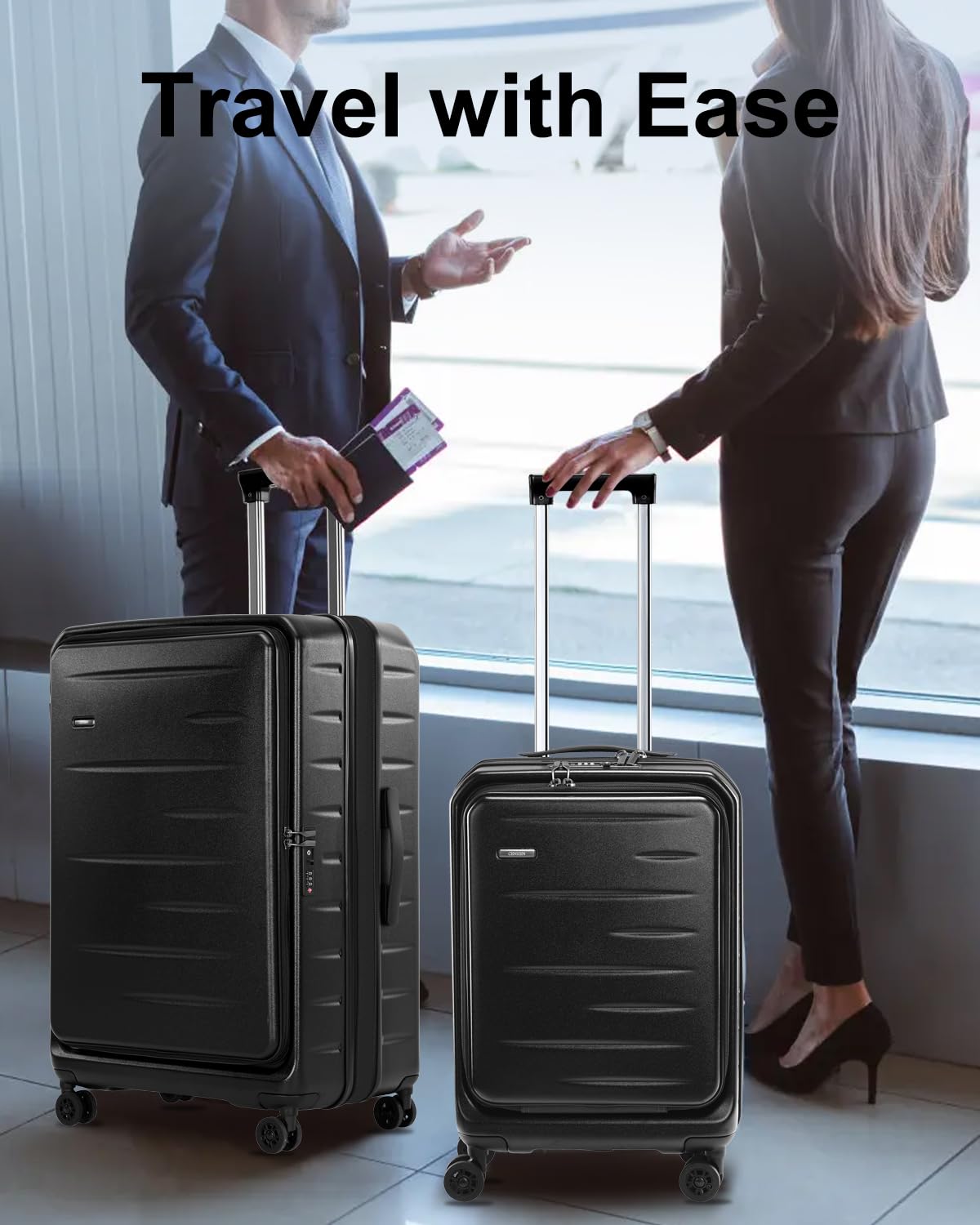 CENSIEN Luggage Sets 2 Pieces, 20 Inch Carry On Luggage and Expandable 28 Inch Checked Luggage with Spinner Wheels, Lightweight ABS+PC Hard Shell Suitcase with Front Opening, TSA Lock (Black, 20/28)