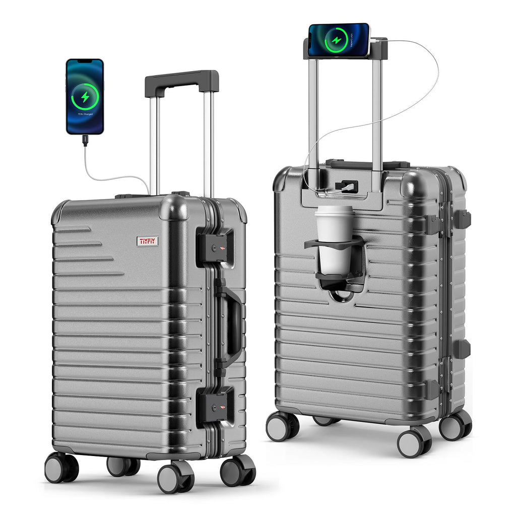 TIYFIY 20 Inch Carry on Luggage with Cup Holder, Airline Approved 22x14x9 Aluminum Frame PC Hard Shell Suitcase, 360° Spinner Wheels, TSA Lock for Short Trips and Business Travel