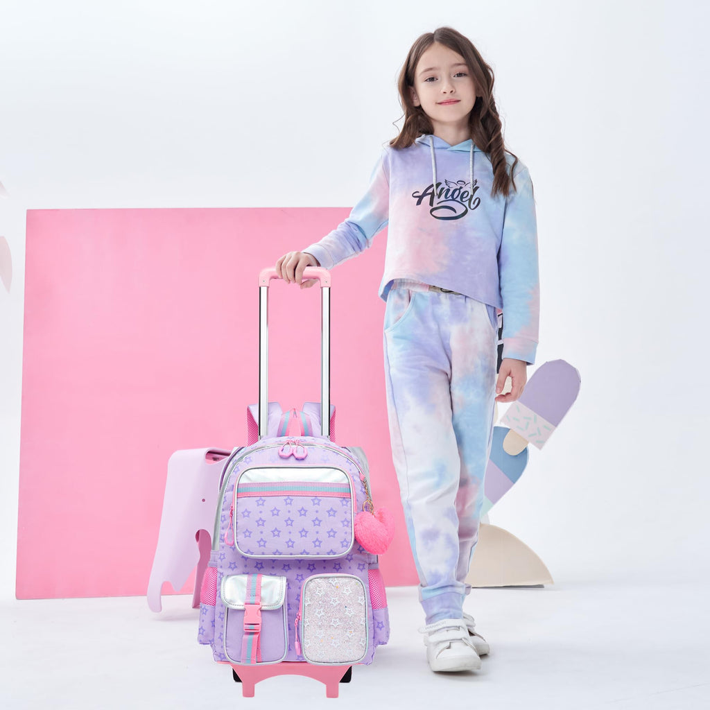 Meetbelify Girls Rolling Backpack with Wheels - Cute Kawaii Carry On Backpack for Elementary Students - Purple