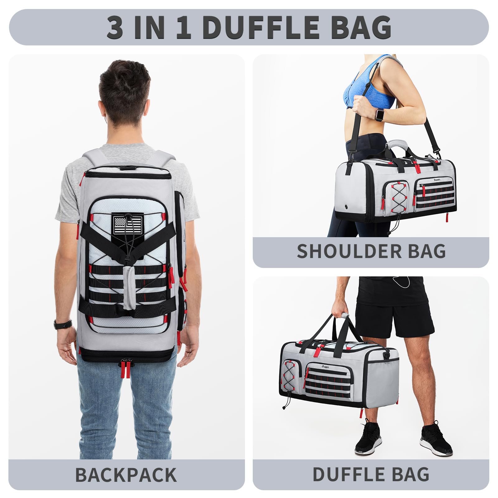Bosstin Gym Bag for Men & Women, 45L Travel Duffle Sports Duffel Bag Gym Weekender Overnight Backpack with Shoe Compartment (Grey)
