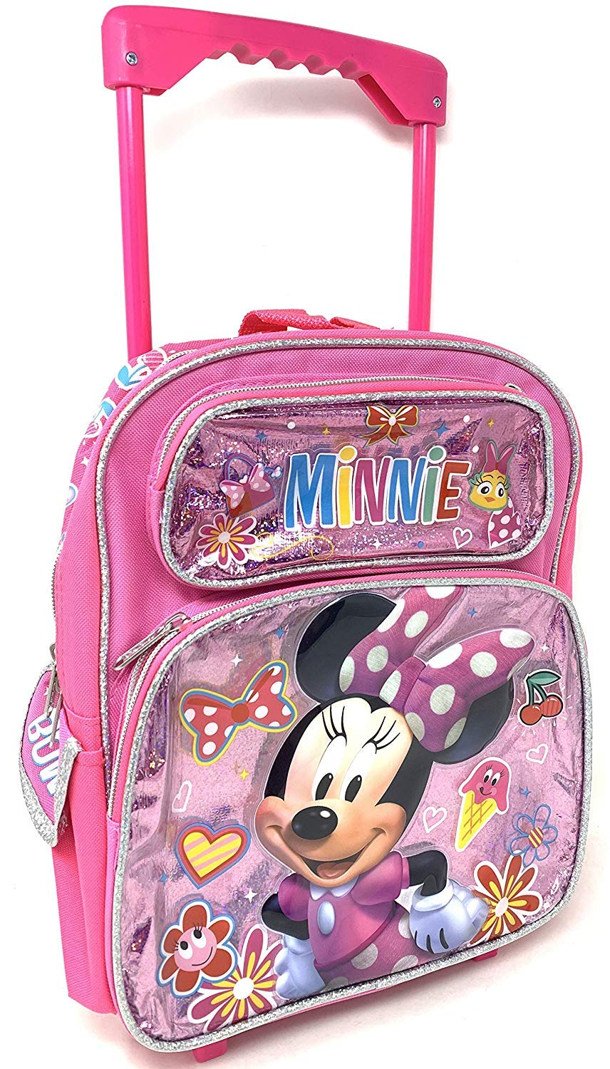 Disney mini Minnie Mouse Medium Rolling Backpack, lunch Box and fashion glasses School Set -