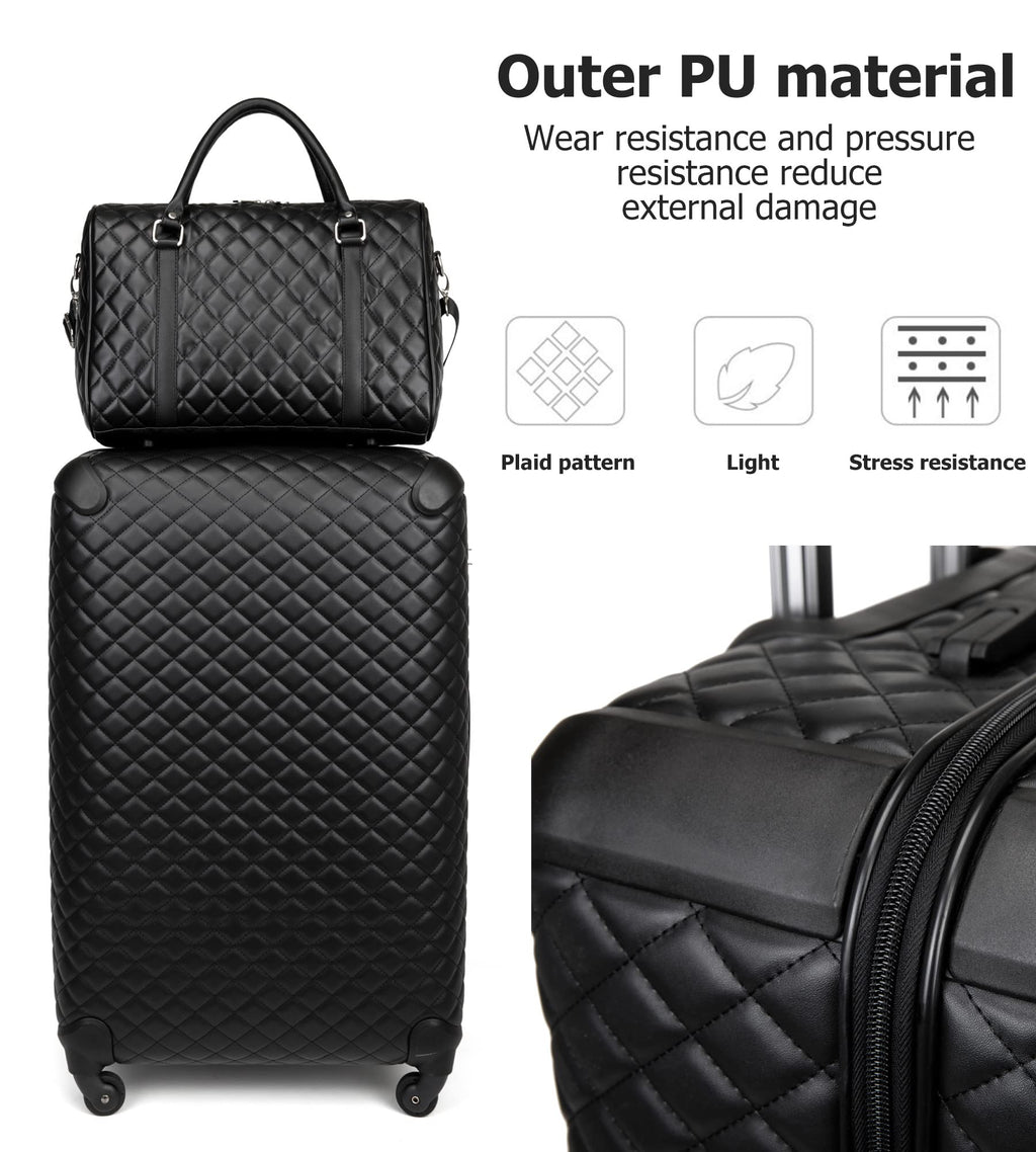 feilario Plaid PU Leather Softshell Luggage Set - 4-Piece Expandable Suitcases with Spinner Wheels - Includes Large Travel Bag, 20-Inch Carry On, 24-Inch & 28-Inch Suitcases
