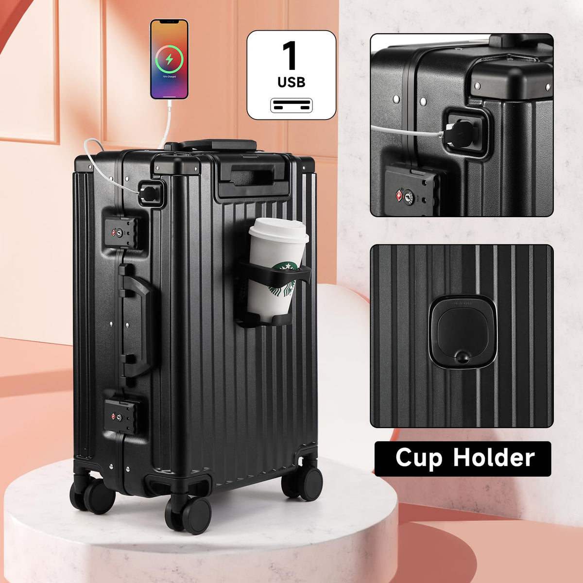 MYER Hard Case 24 Inch Checked Luggage with Spinner Wheels,Aluminum Luggage with 100% 3-Layer PC,Hard Shell Suitcases with Wheels,Cup Holder and USB Port (Classic Black, 24 inch)