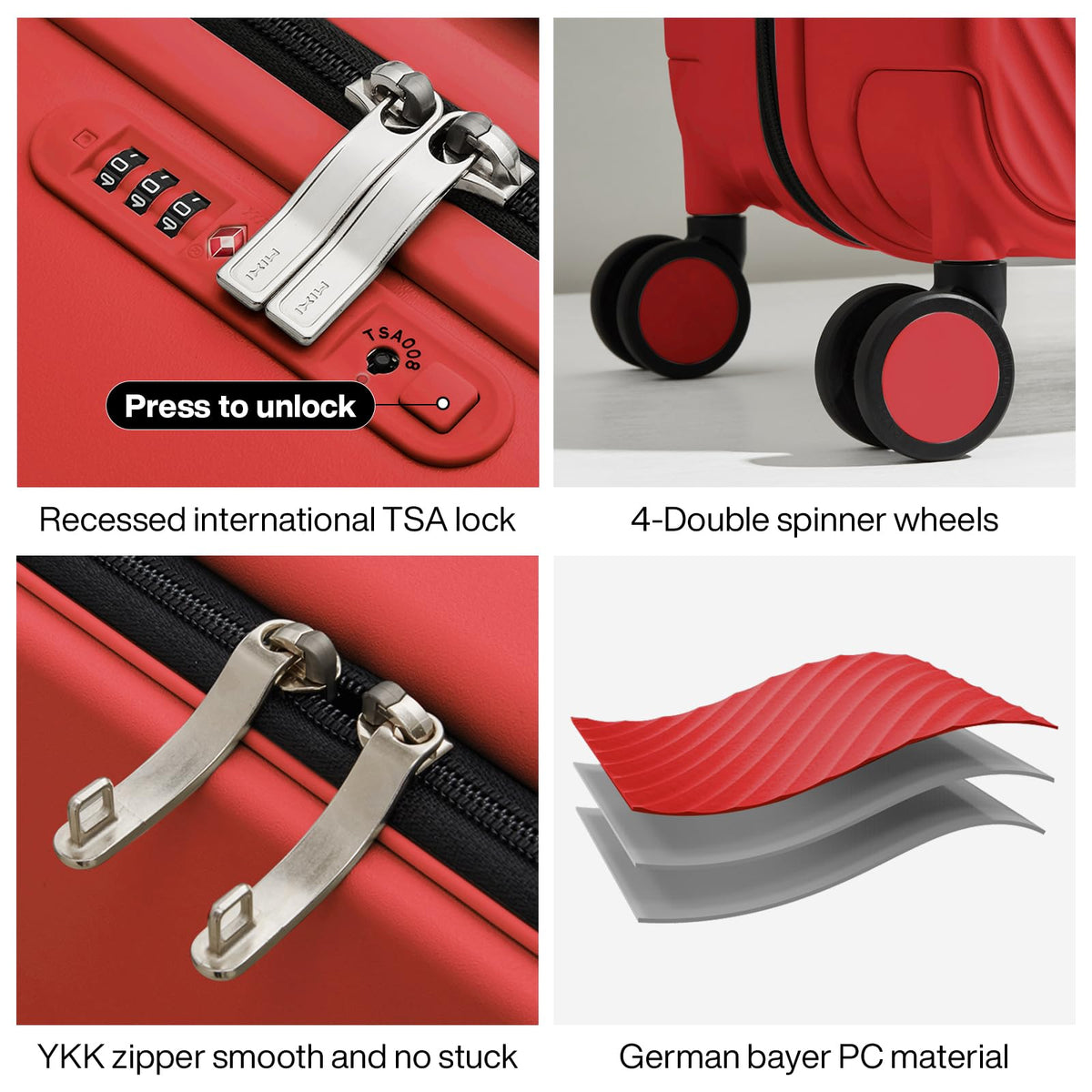 mixi Luggage Suitcases With Spinner Wheels,Upgrade Wide Handle PC Hardshell Rolling Travel Suitcase with TSA Lock, Checked-Medium 24-Inch, Red