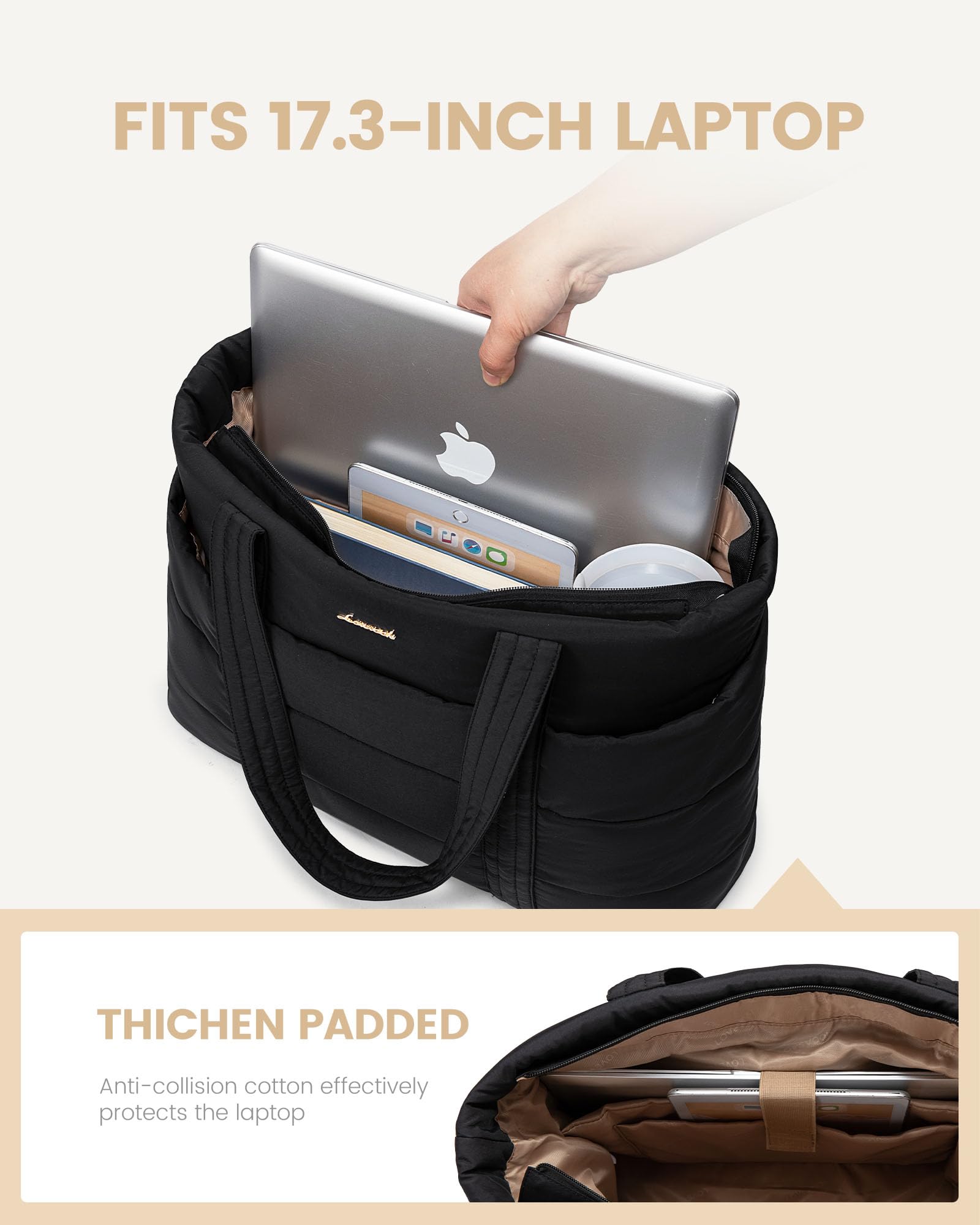 LOVEVOOK Tote Bag for Women, Large Puffer Work Tote Bag for 17.3 Inch Laptop, Lightweight Travel Bag with Zipper Gifts for Women