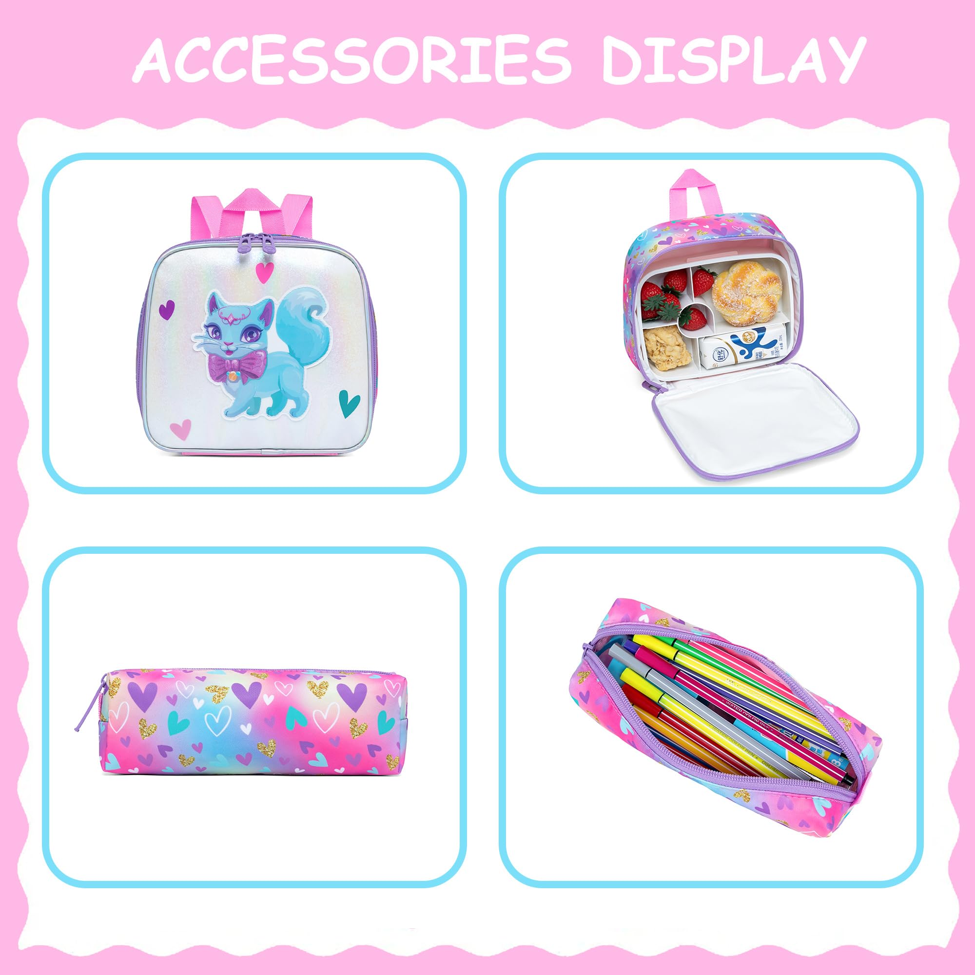 Meetbelify Cute Cat Rolling Backpack for Girls Backpacks with Wheels for Elementary Preschool Students with Lunch Box Pencil Case for Girls Age 8-10
