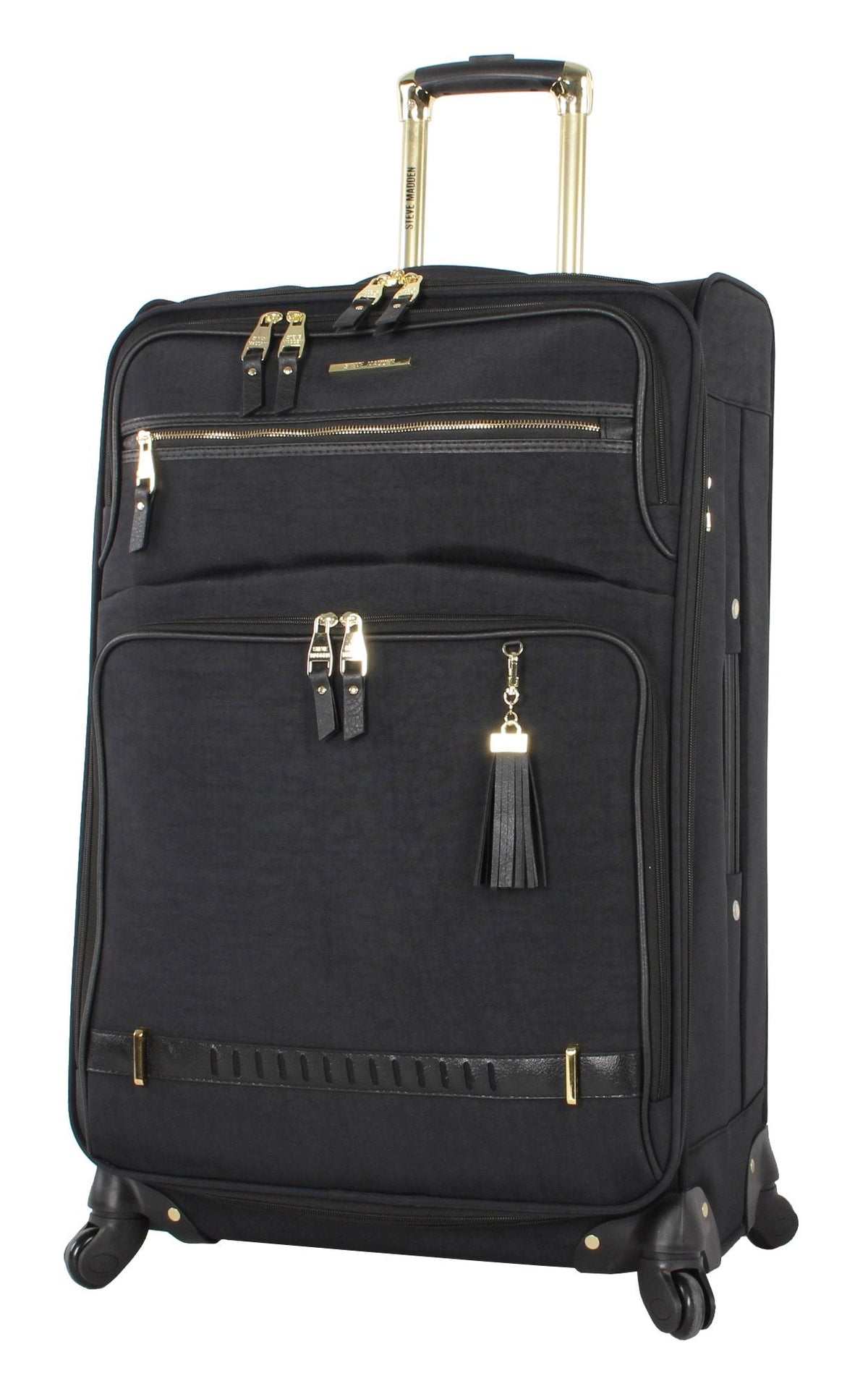 Steve Madden Designer Luggage - Checked Large 28 Inch Softside Suitcase - Expandable for Extra Packing Capacity - Lightweight Bag with Rolling Spinner Wheels (Peek-A-Boo Black)