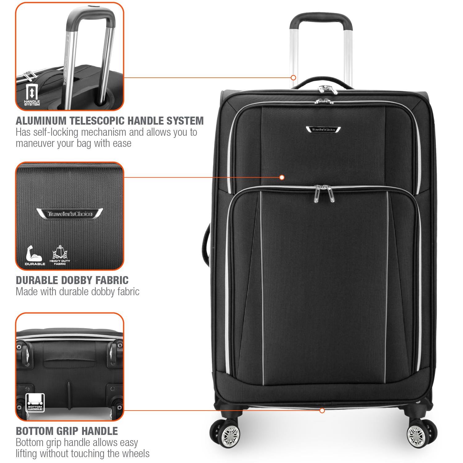Traveler's Choice Lares Softside Expandable Luggage with Spinner Wheels, Black, 2 Piece Luggage Set