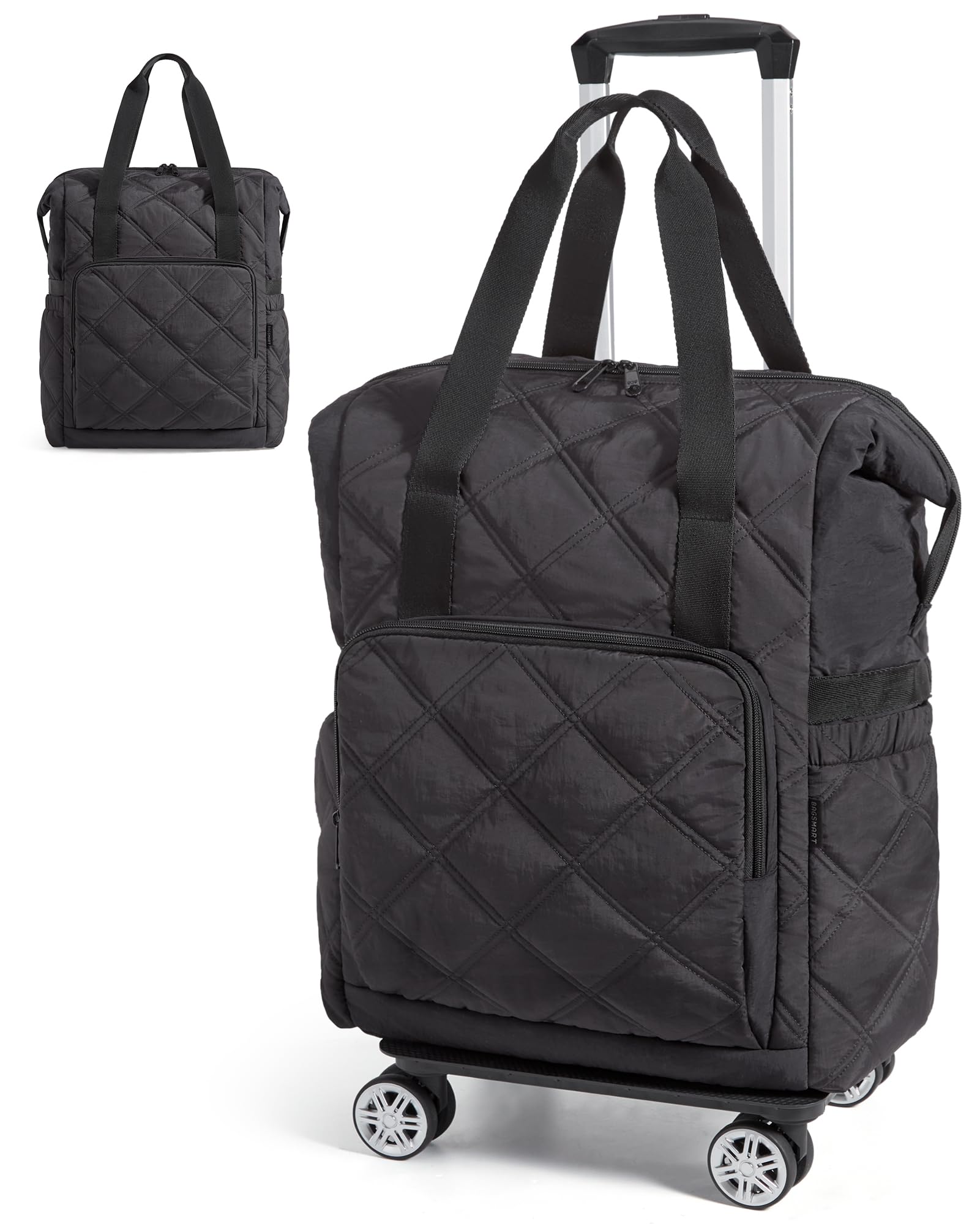 BAGSMART Rolling Duffle Bag with Wheels, 35L Carry on Travel Bag with Detachable Wheels, PVC Wet Pocket Duffel bag with Wheels, Black