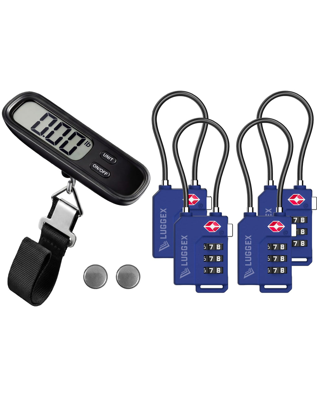 LUGGEX Luggage Scale 1 Pack + TSA Cable Lock Bundle 4 Pack, Travel Essentials Kit (Black+Blue)