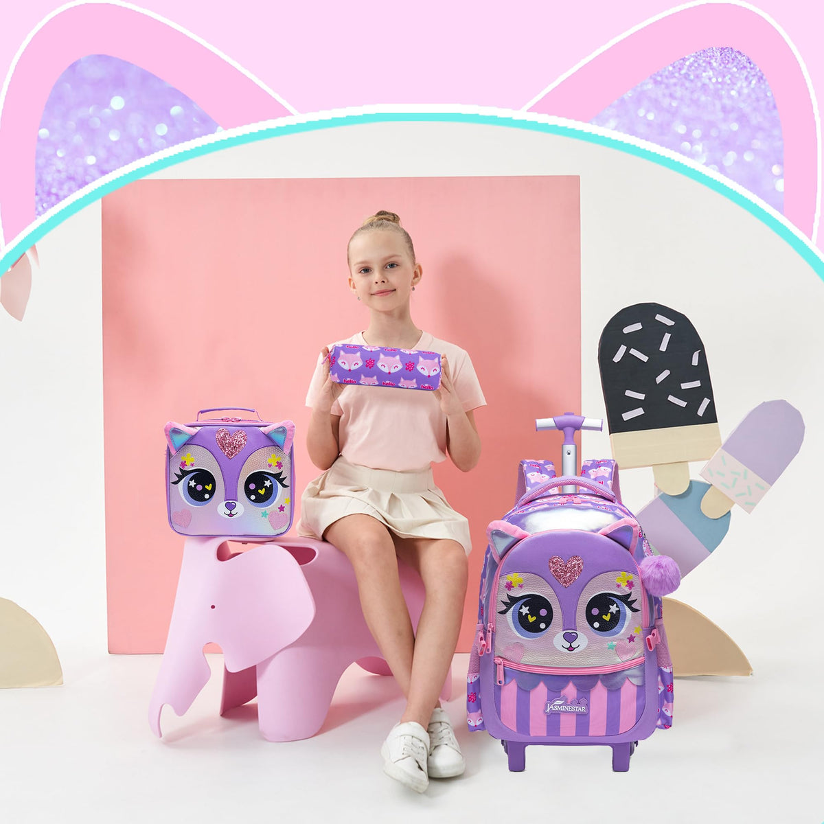 Meetbelify Rolling Backpack for Girls Backpacks with Wheels for Elementary Preschool Students Kids 3 in 1 Travel Luggage Carry on Suitcase for Girls Age 8-10