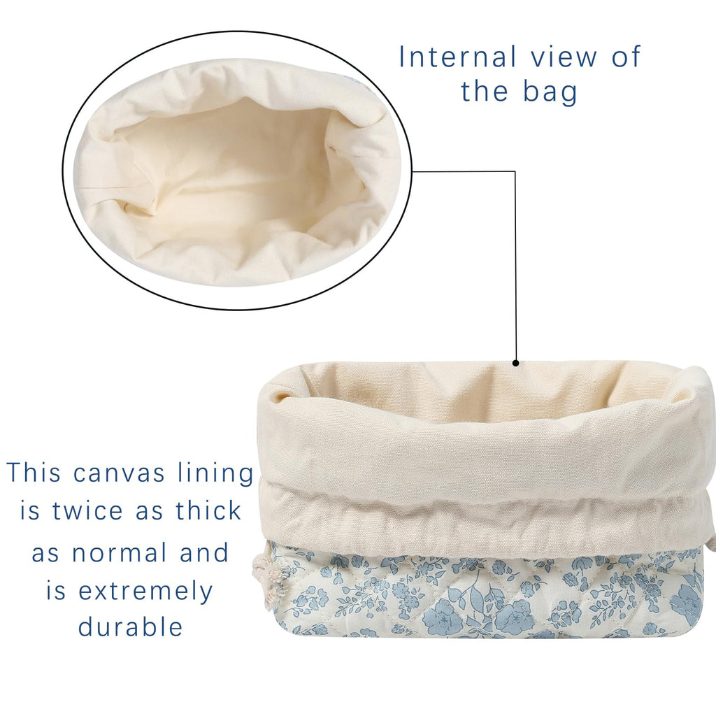 Cotton Quilted Drawstring Makeup Bag with Canvas Lining,Coquette Aesthetic Cute Travel Toiletry Bag,Drawstring Gift Bag for Women and Girls（04White Bear）