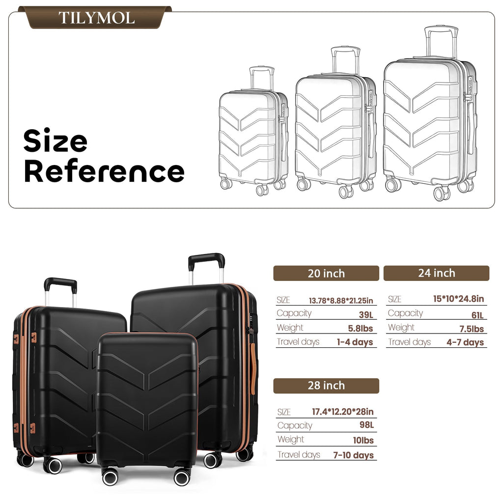 TILYMOL Luggage Sets 3 Piece with Spinner Wheel, Hardside Suitcase Set with TSA Lock, Expandable Lightweight Travel Luggage for Men and Women, Black