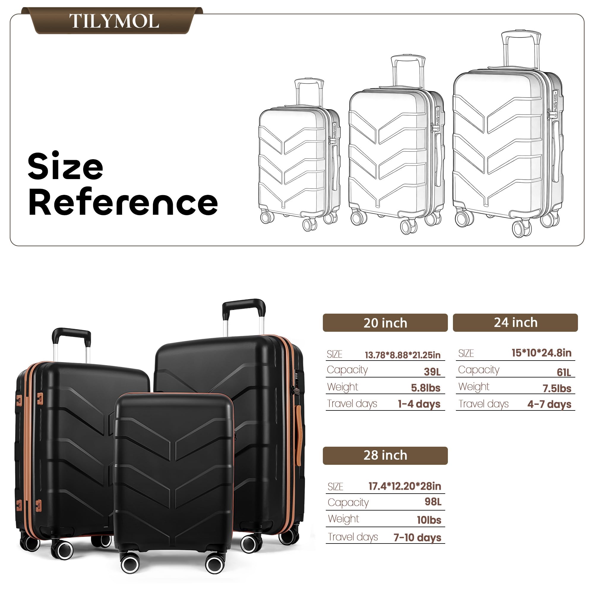 TILYMOL Luggage Sets 3 Piece with Spinner Wheel, Hardside Suitcase Set with TSA Lock, Expandable Lightweight Travel Luggage for Men and Women, Black