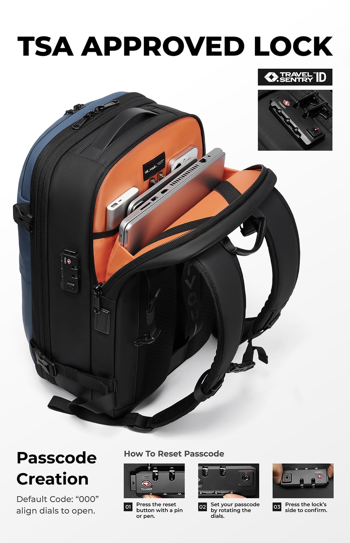 AirVault Vacuum Seal Travel Backpack 60L with Expandable HyperSeal Air Compression Vacuum System Water Resistant TSA Lock (Vacuum Pump Included, Blue, 60L)