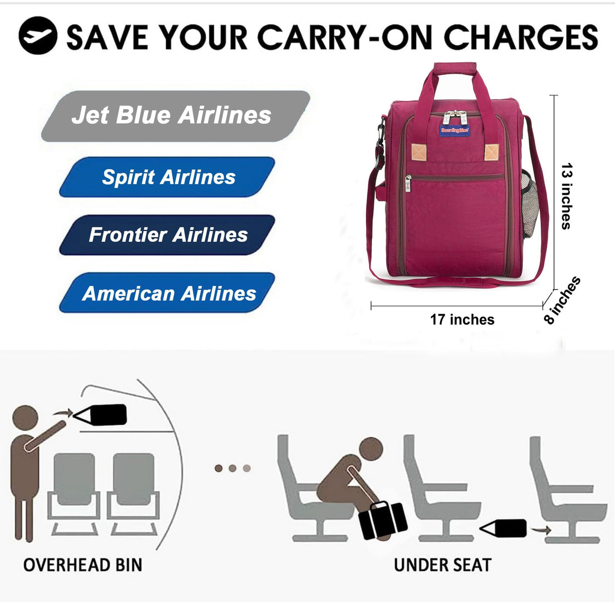 17X13X8 Inches JetBlus Airlines Personal Item Under Seat Duffel Bag Suitable for Major Airlines Including Spirit, Jetblue, Frontier, and American - Duffel Bag Design (Pink)