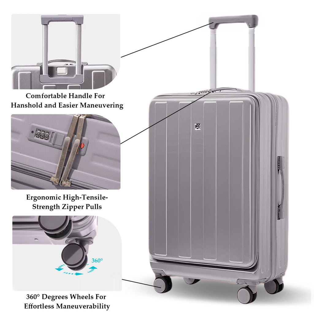 Gets Carry on Luggage Airline Approved,20 Inch Abs+Pc Hardshell Spinner Luggage With Cup Phone Holder and USB Charger,Front Pocket Durable Suitcase for Women Men-Grey