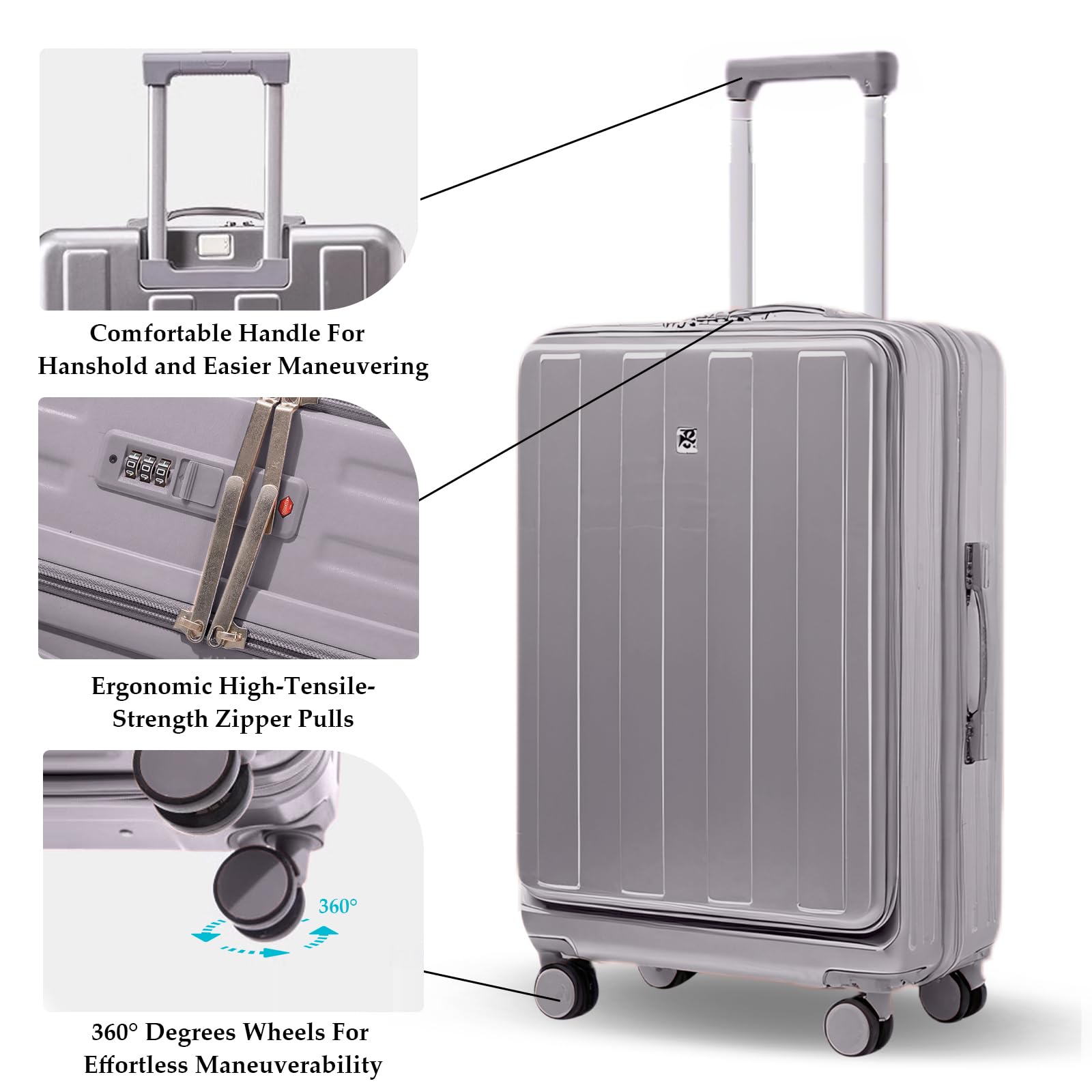 Gets Carry on Luggage Airline Approved,20 Inch Abs+Pc Hardshell Spinner Luggage With Cup Phone Holder and USB Charger,Front Pocket Durable Suitcase for Women Men-Grey