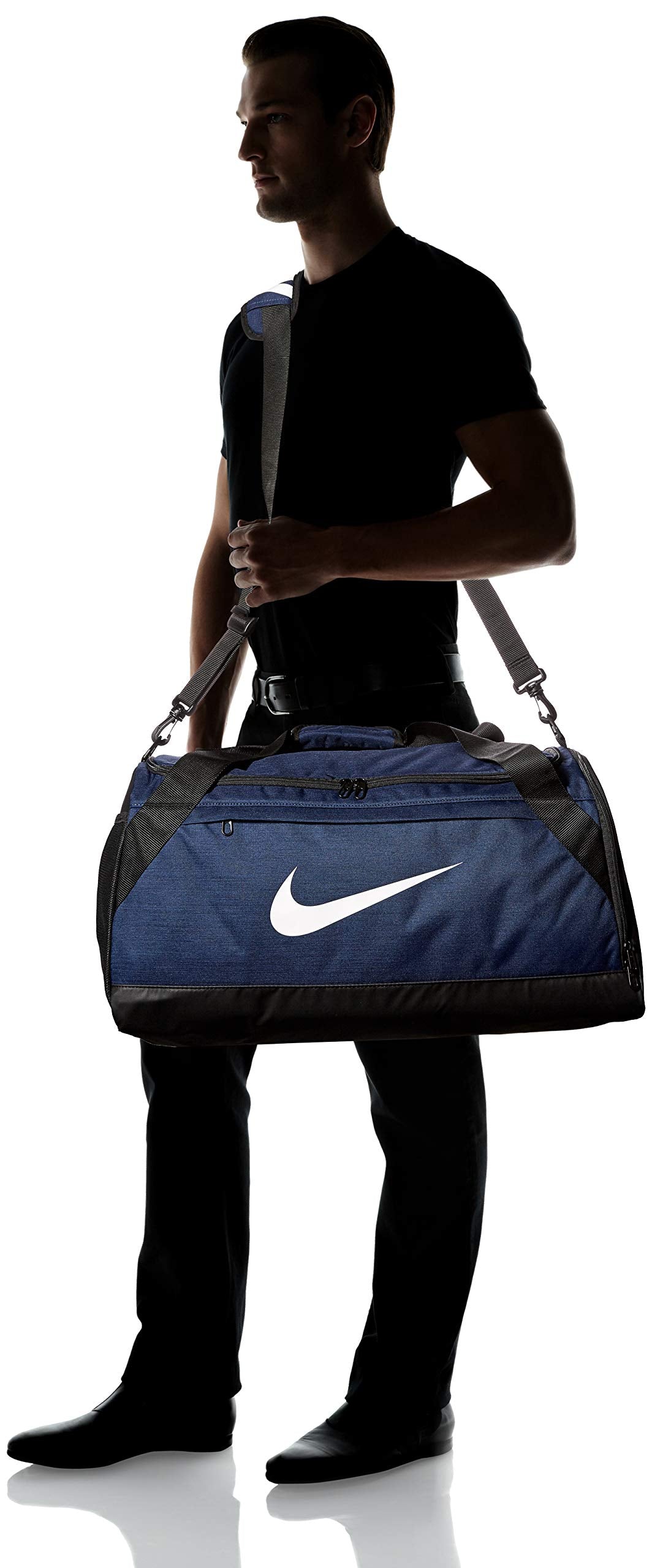 Nike Brasilia Training Duffel Bag, Versatile Bag with Padded Strap and Mesh Exterior Pocket, Medium, Midnight Navy/Black/White