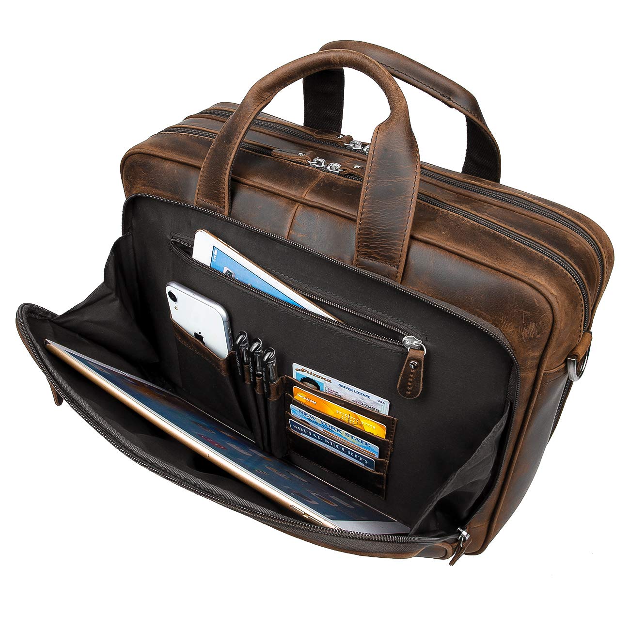 Augus Business Travel Briefcase Genuine Leather Duffel Bags for Men Laptop Bag fits 15.6 inches Laptop YKK Metal Zipper (Dark brown)