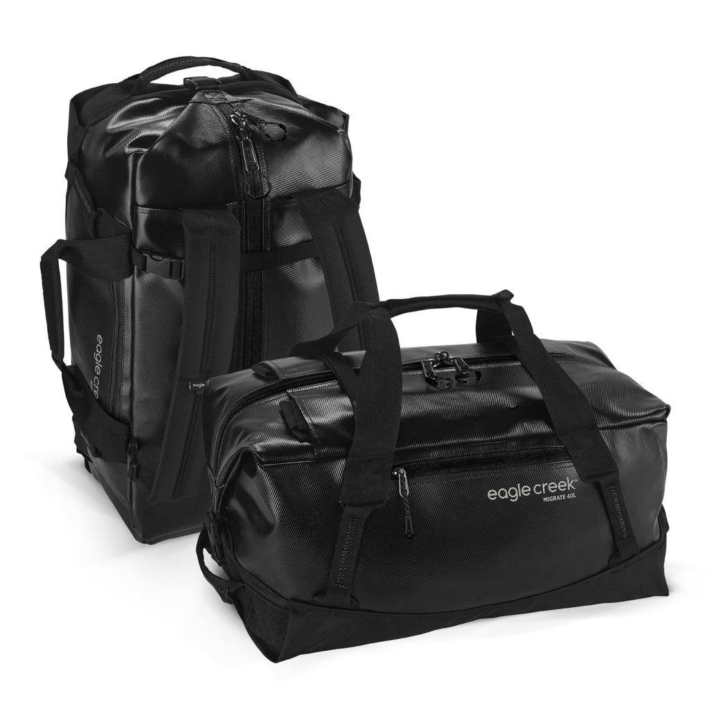Eagle Creek Migrate 40L Travel Backpack Duffle Bag with Tuck-Away Backpack Straps, Full-Access Wide Mouth Opening & Seamless Bottom Bathtub Construction, Black